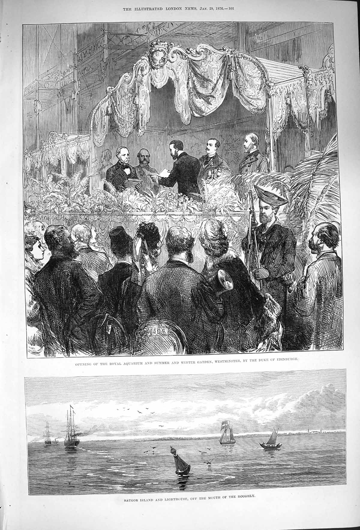 Original Old Antique Print 1876 Saugor Lighthouse Hooghly Aquarium Westminster