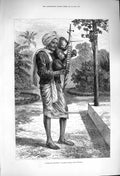 Original Old Antique Print 1876 Strolling Minstrel Madras Playing Tingadee 19th