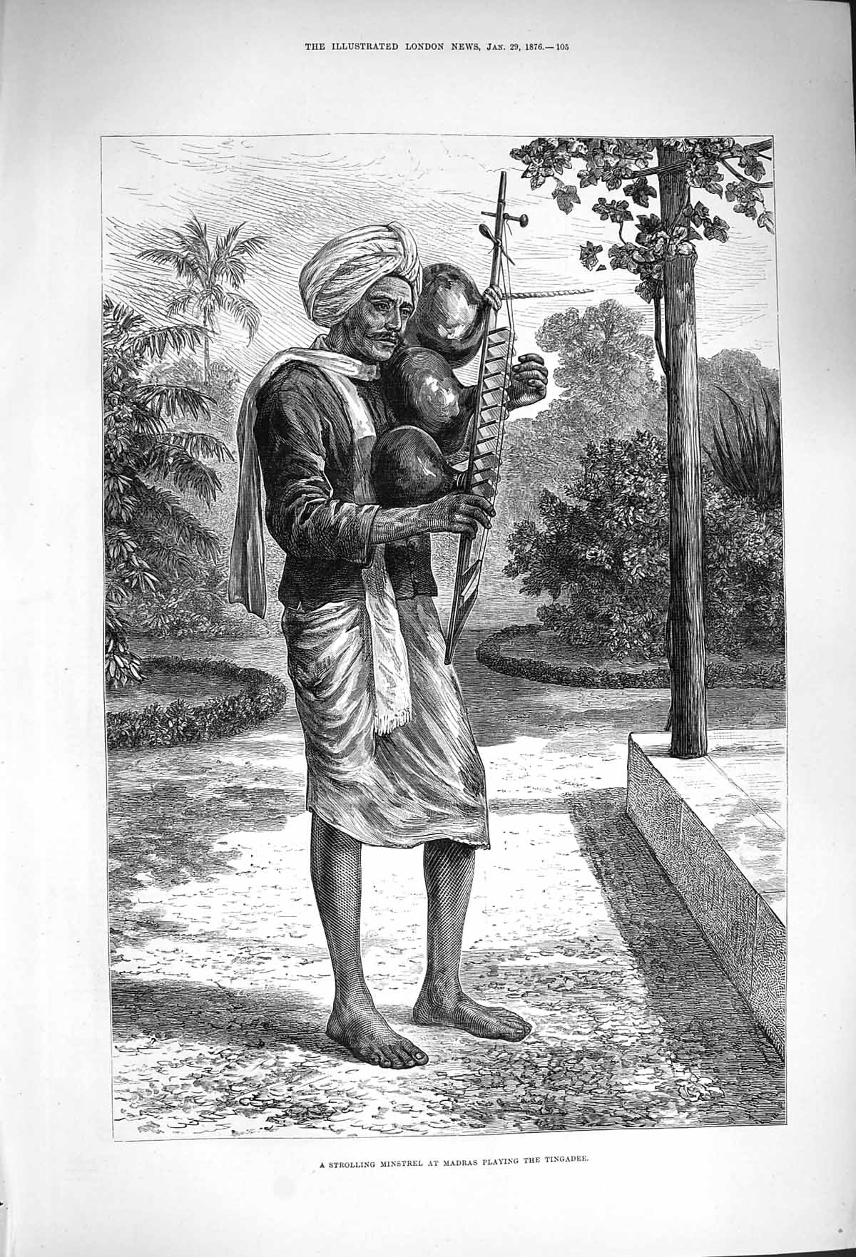 Original Old Antique Print 1876 Strolling Minstrel Madras Playing Tingadee 19th