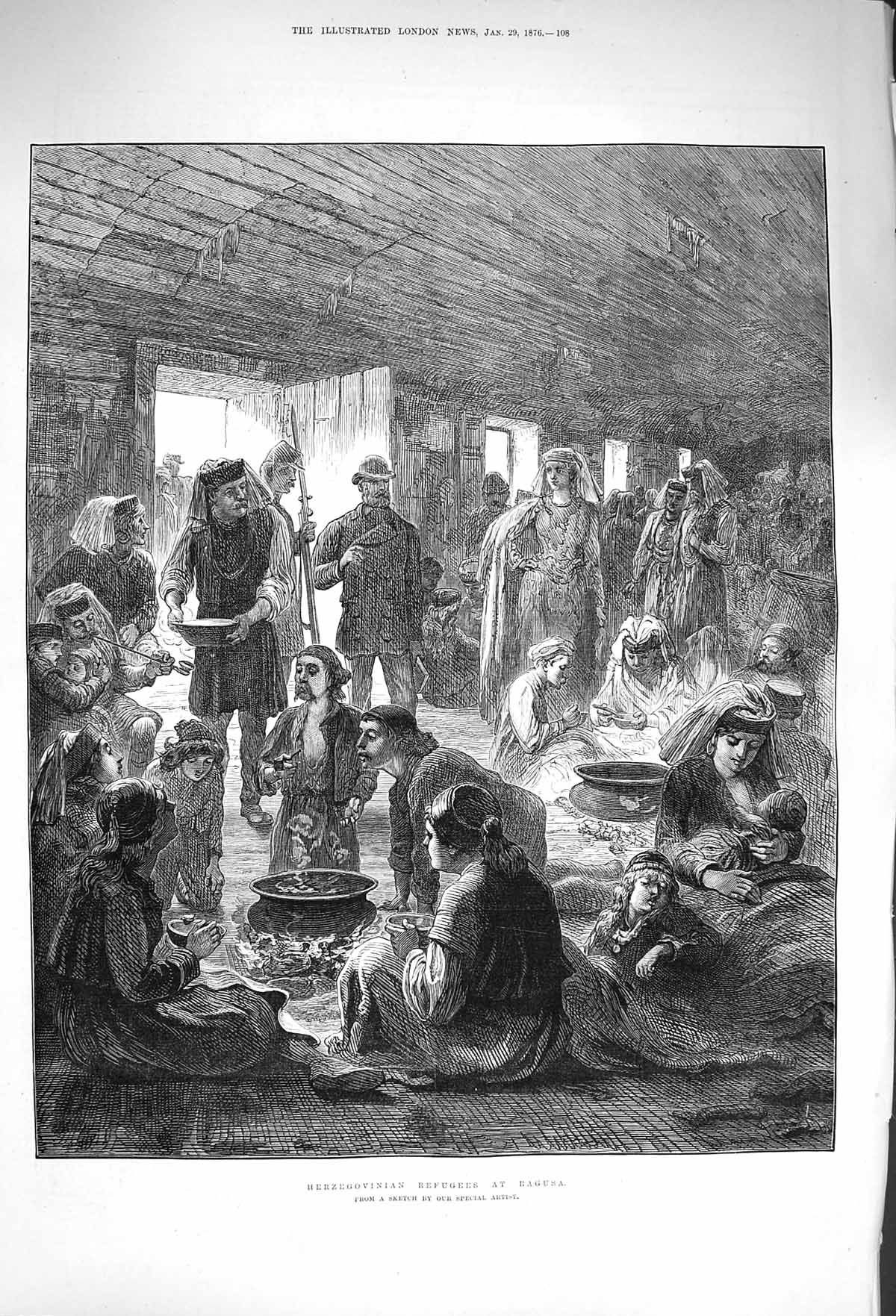 Old Antique Print 1876 Herzegovina Refugees Ragusa Mother Children Scene 19th