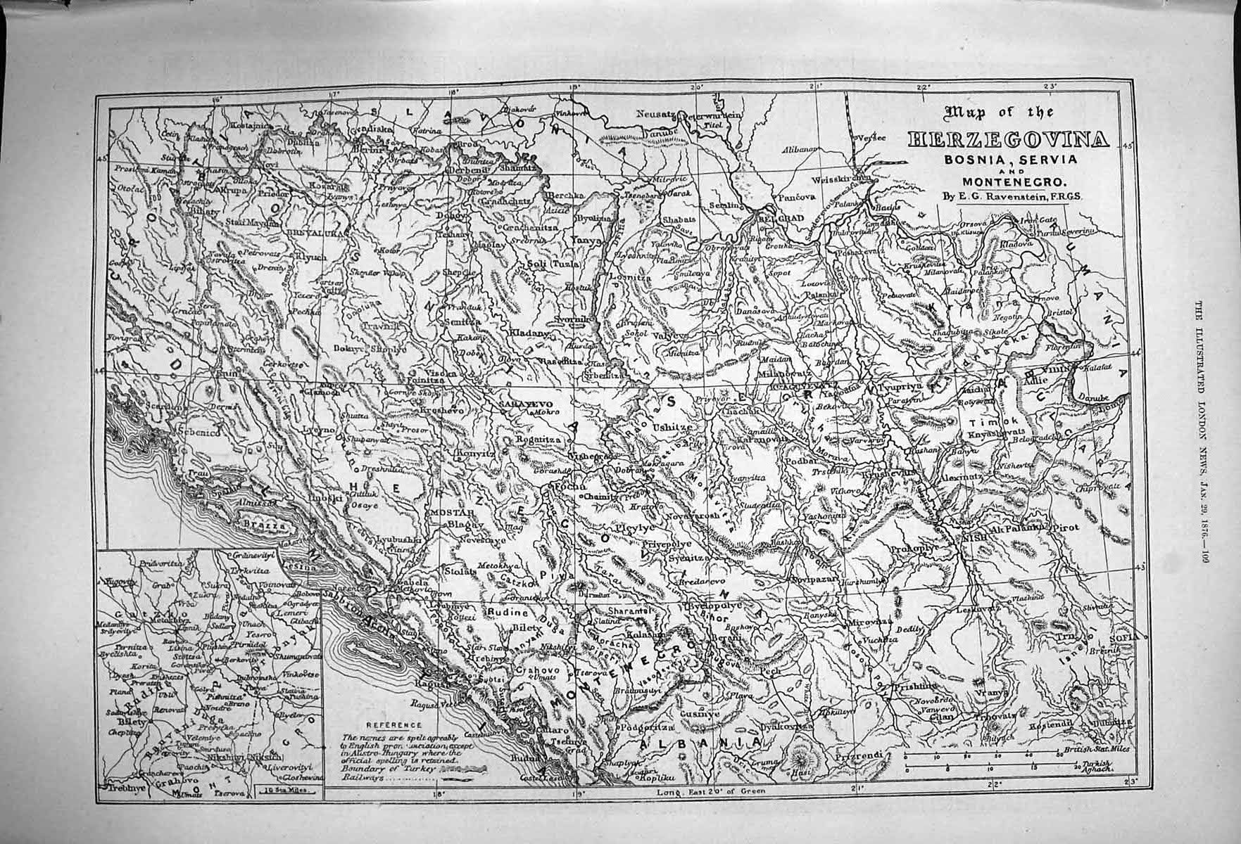Original Old Antique Print 1876 Map Herzegovina Bosnia Servia Mon 19th