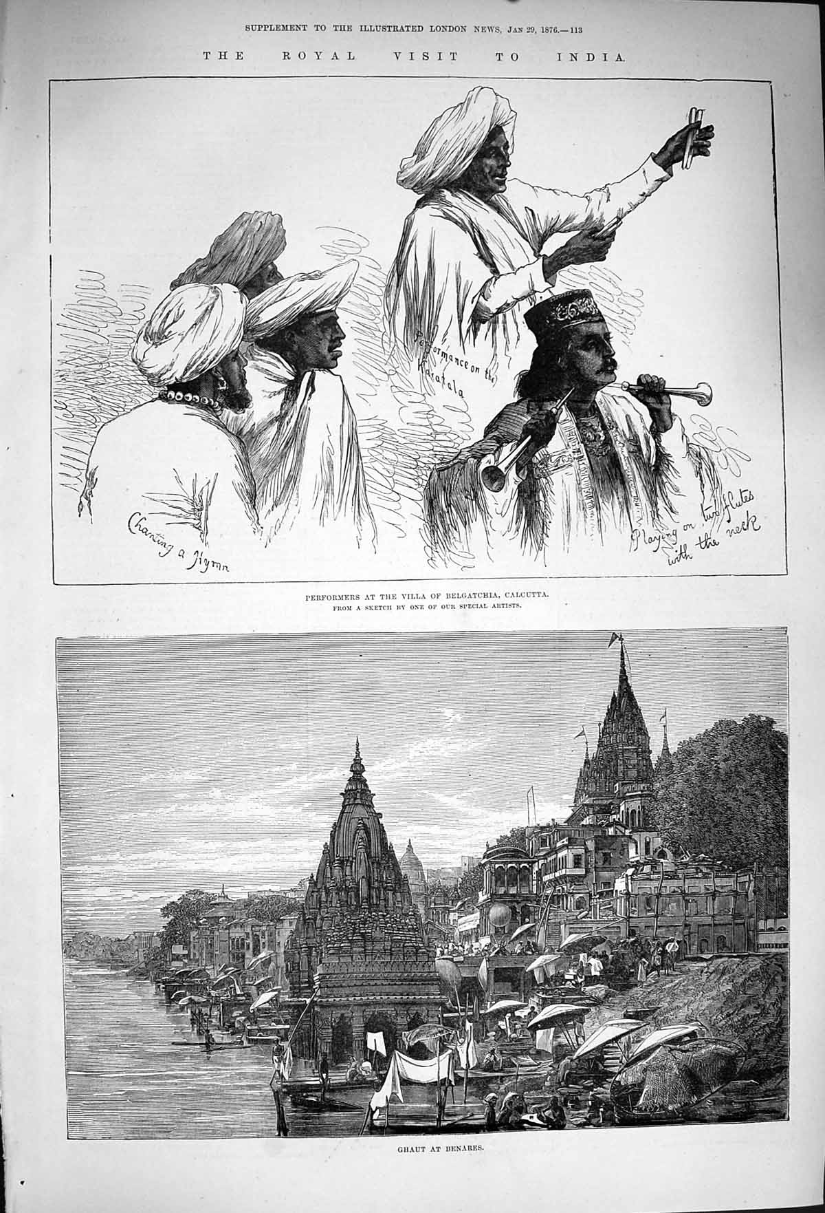 Old Antique Print 1876 India Ghaut Benares Performers Belgatchia Calcutta 19th