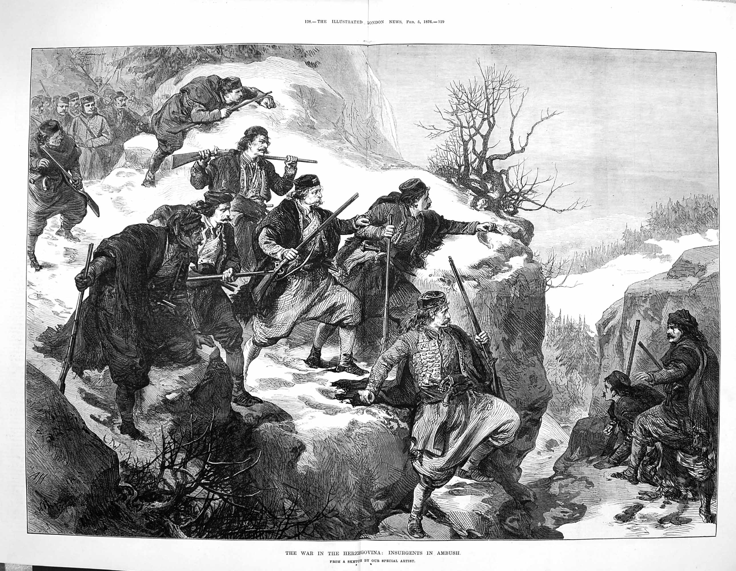 Original Old Antique Print 1876 War Herzegovina Insurgents Ambush Fine Art