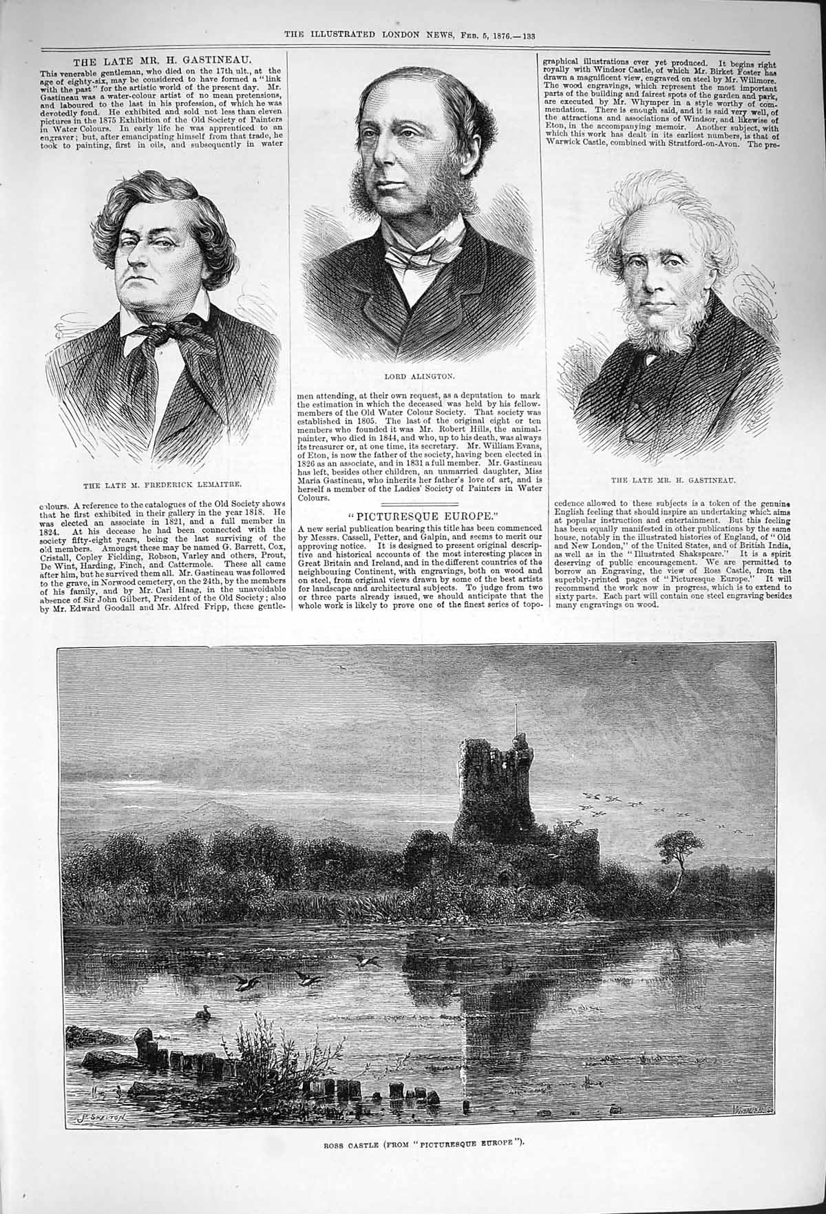 Original Old Antique Print 1876 Ross Castle Lemaitre Lord Alington Gastineau
