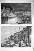 Original Old Antique Print 1876 Ghaut Benares Illuminations Prince Wales India