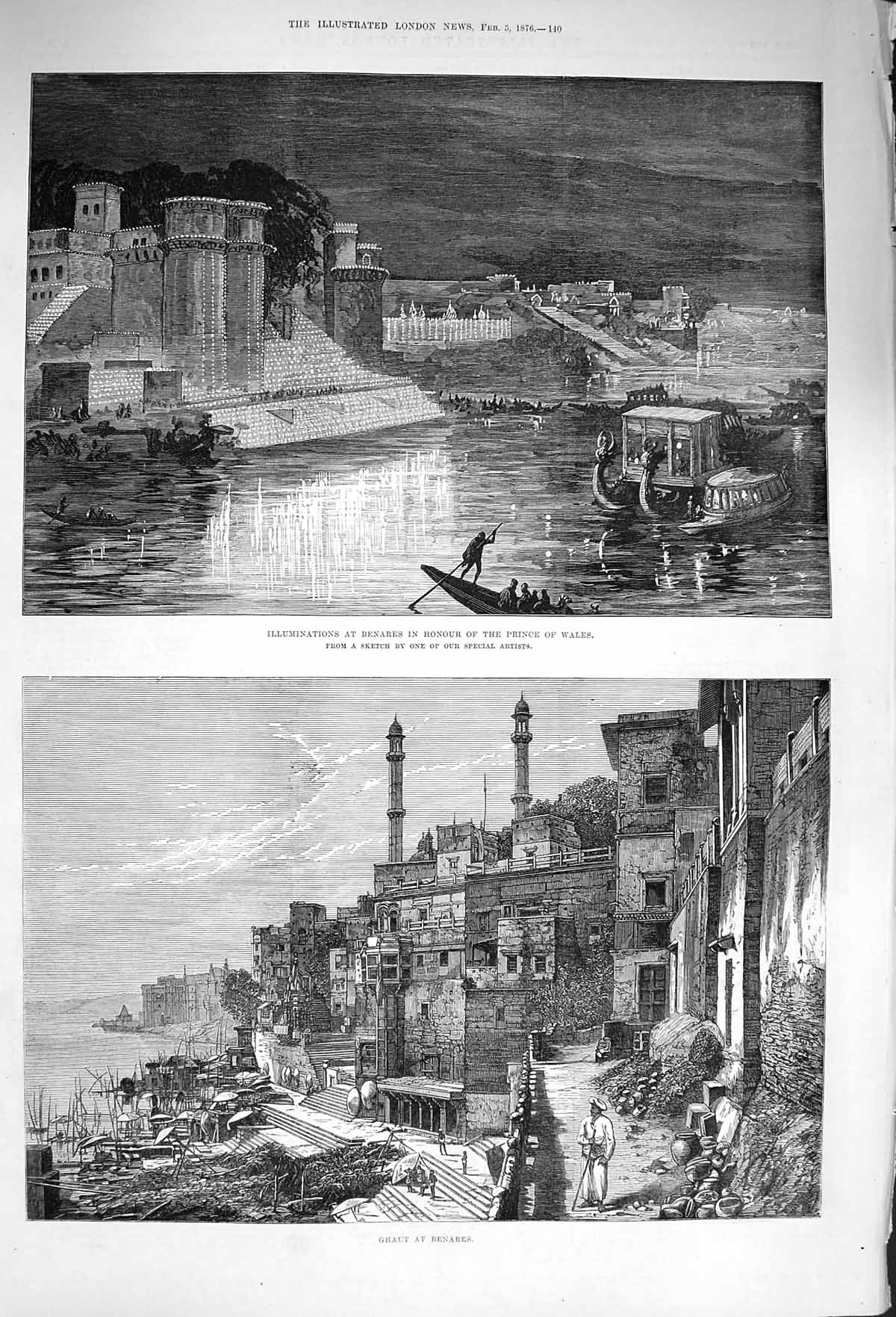Original Old Antique Print 1876 Ghaut Benares Illuminations Prince Wales India