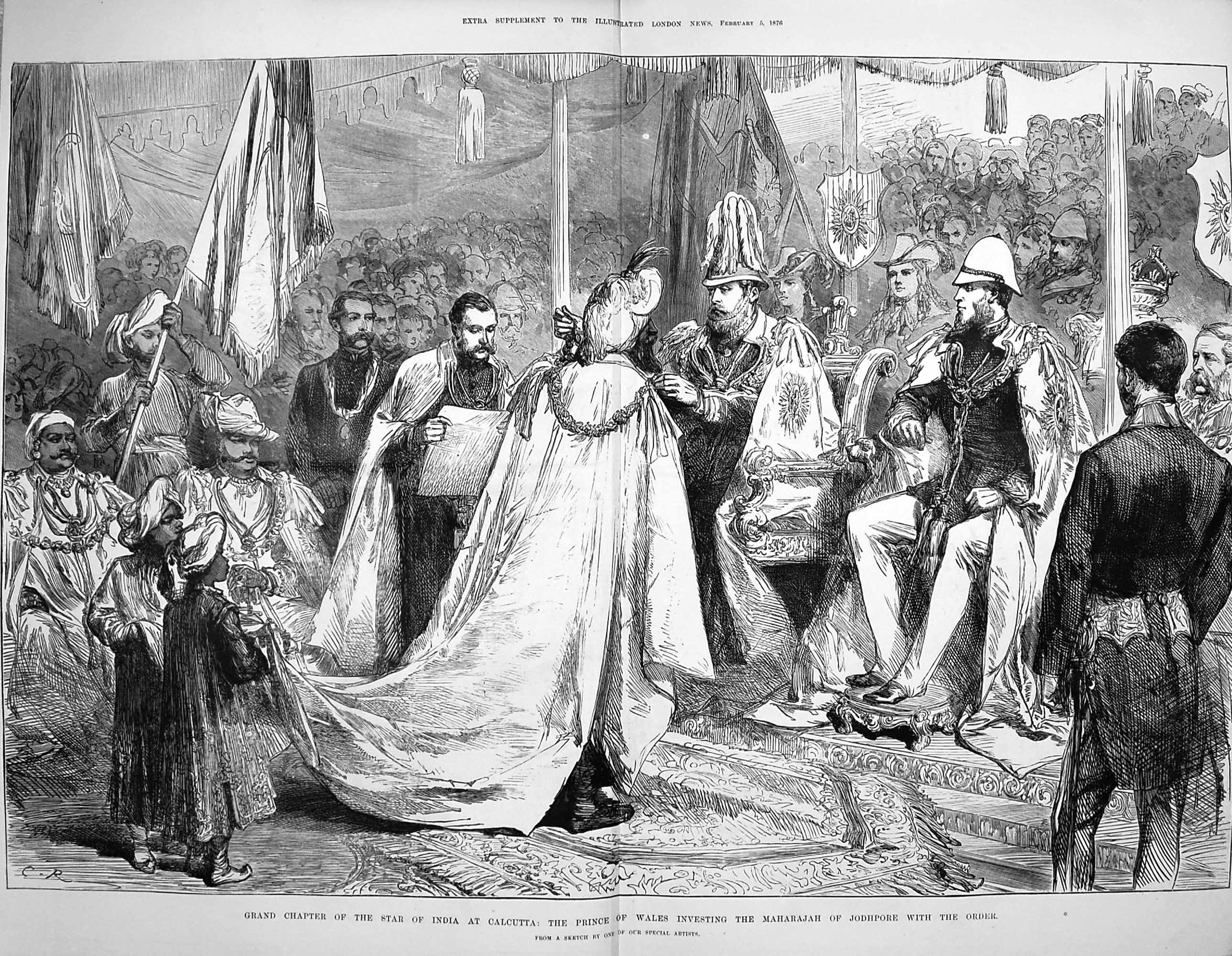 Original Old Antique Print 1876 Star Calcutta Prince Wales Maharajah Jodhpore
