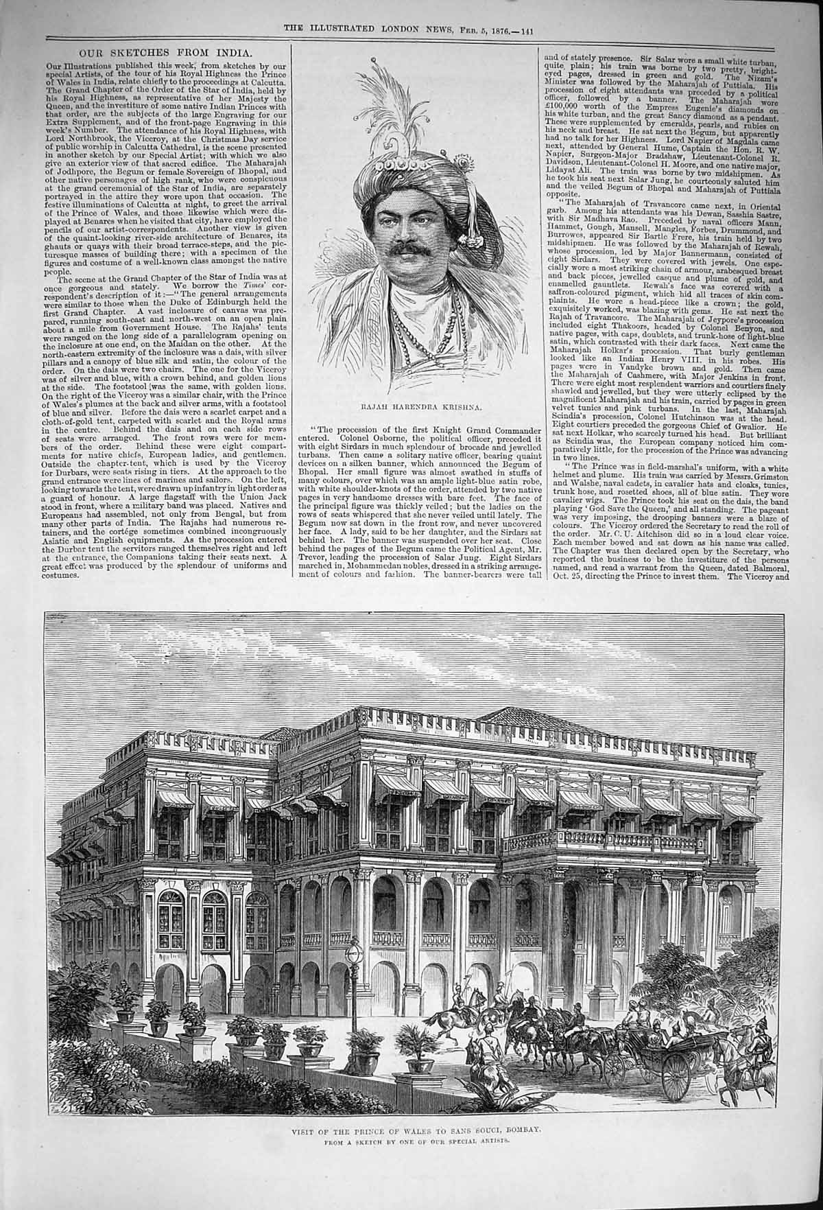 Original Old Antique Print 1876 Rajah Harendra Krishna Sans Souci Bombay India