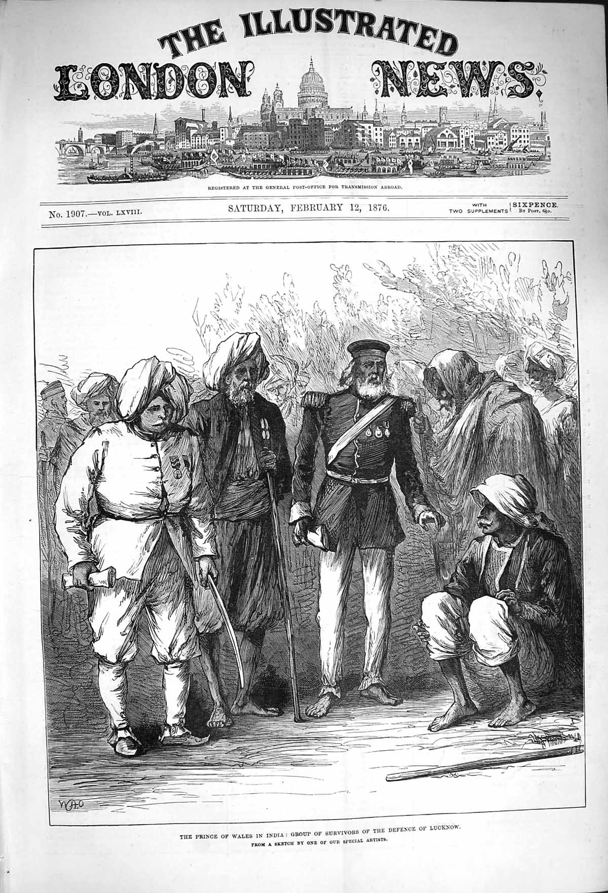 Original Old Antique Print 1876 Prince Wales India Survivors Defence Lucknow