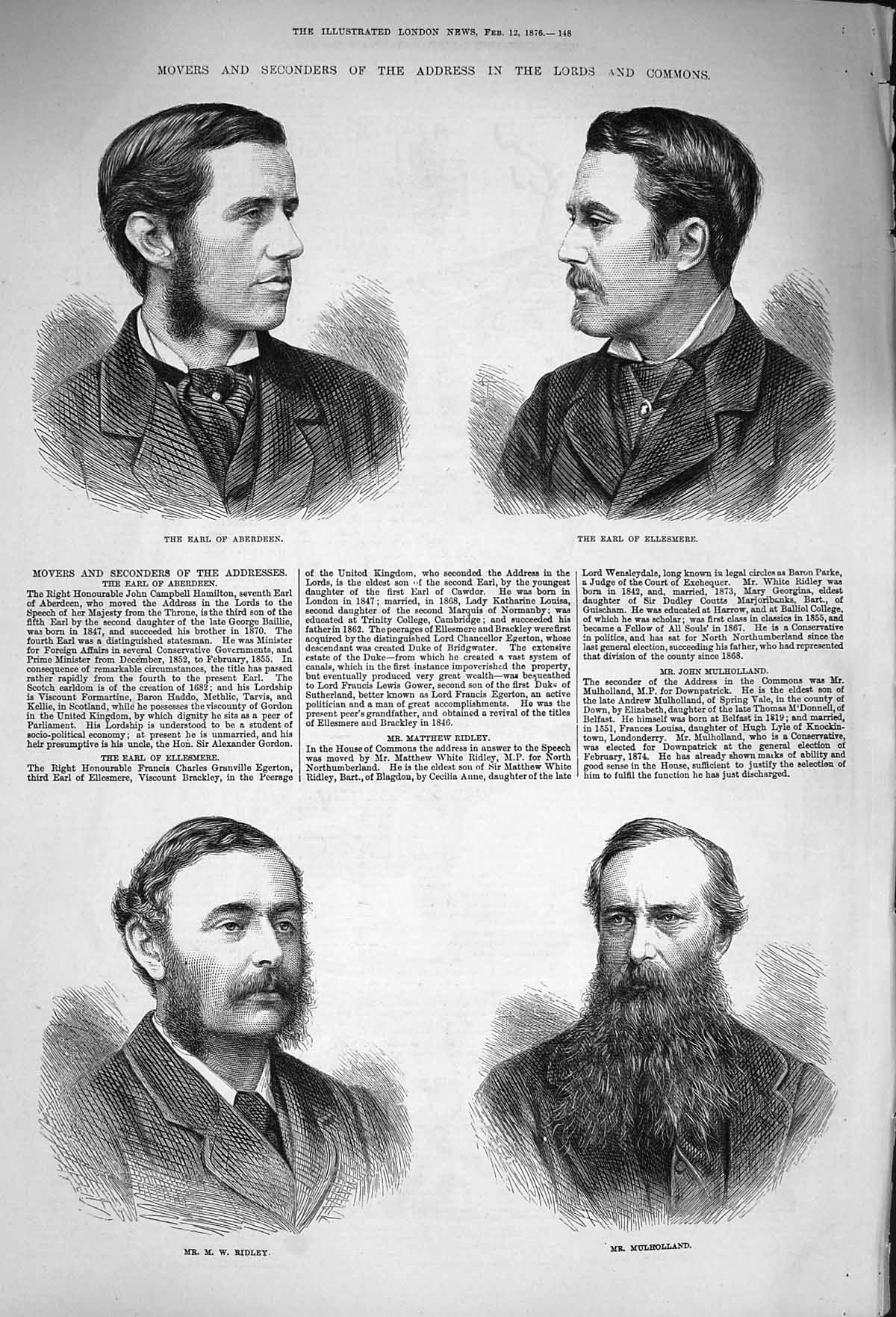 Old Antique Print 1876 Earl Aberdeen Ellesmere Ridley Mulholland Commons 19th