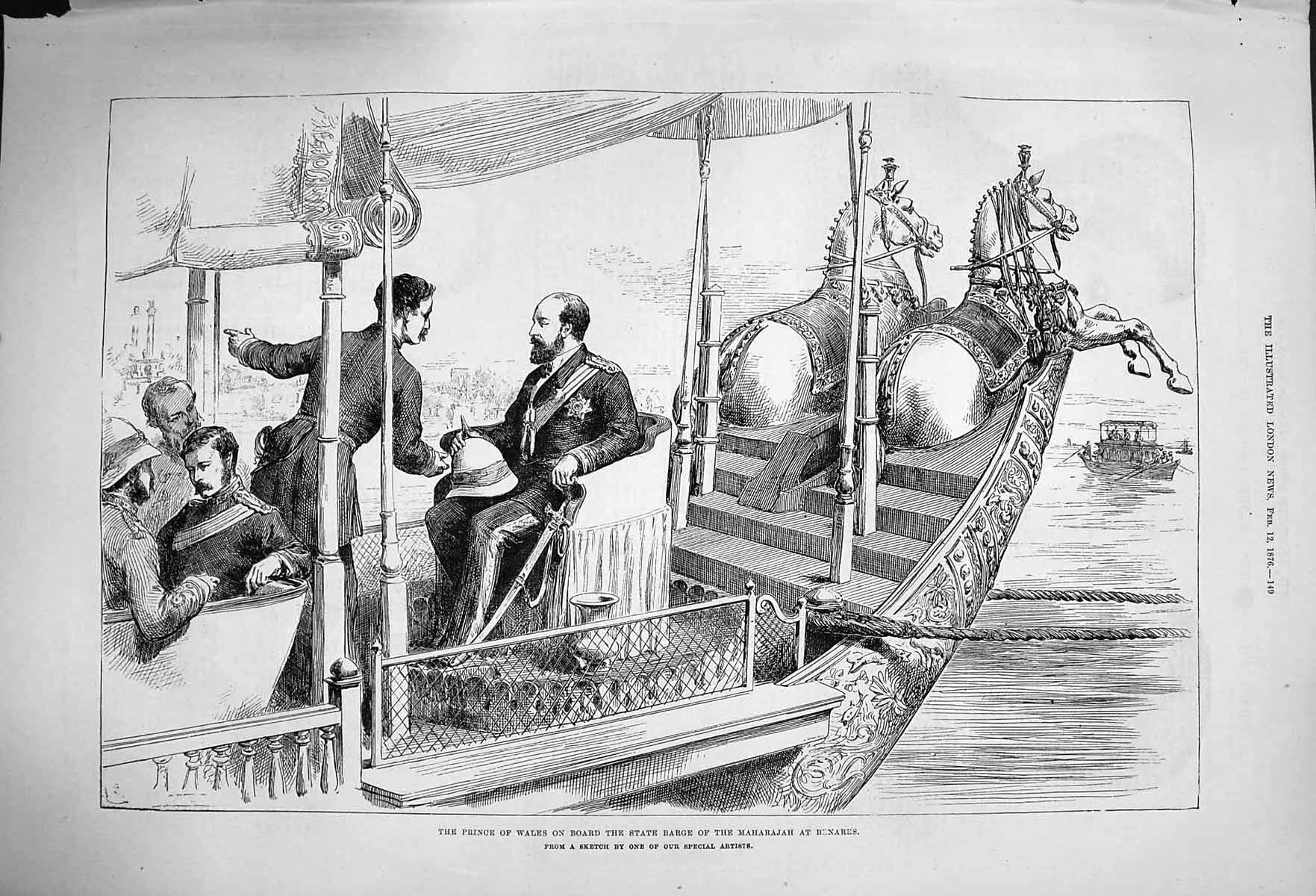 Old Antique Print 1876 Prince Wales Board State Barge Maharajah Benares 19th