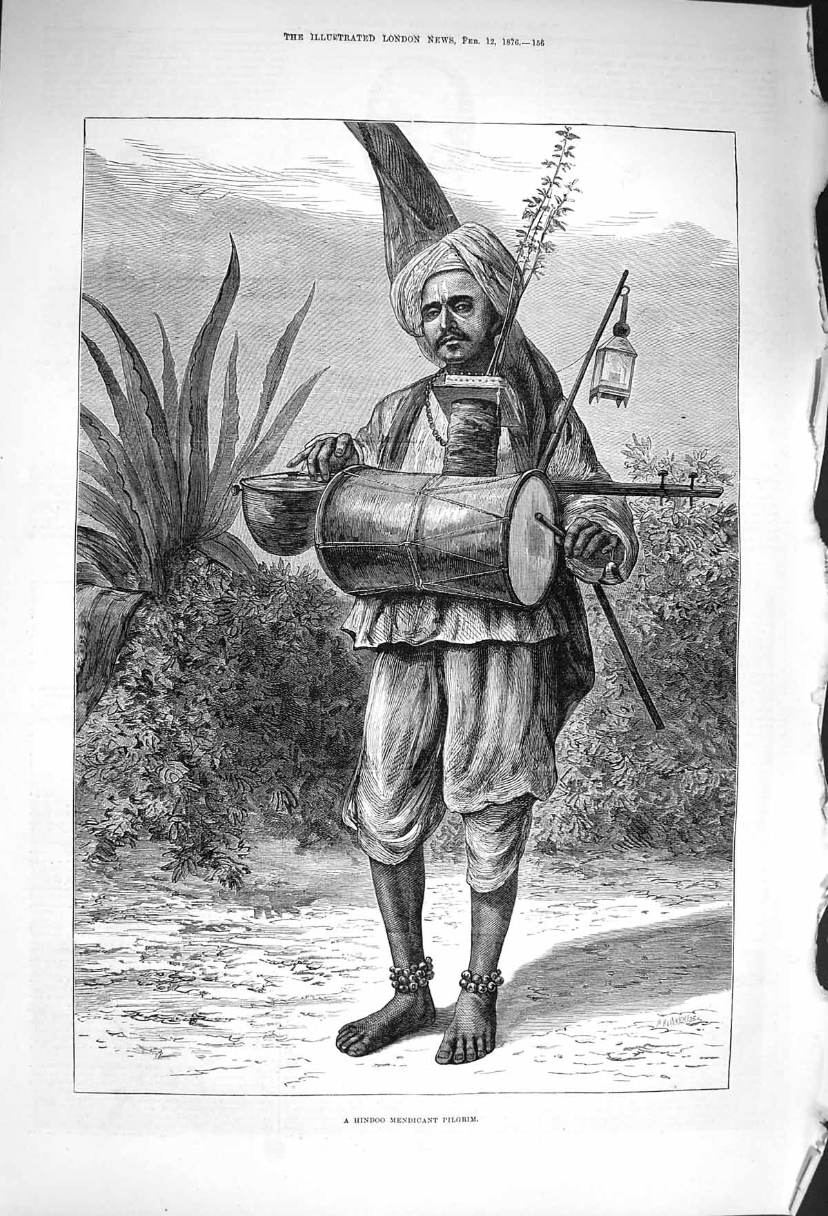 Original Old Antique Print 1876 Hindoo Mendicant Pilgrim Native Portrait 19th