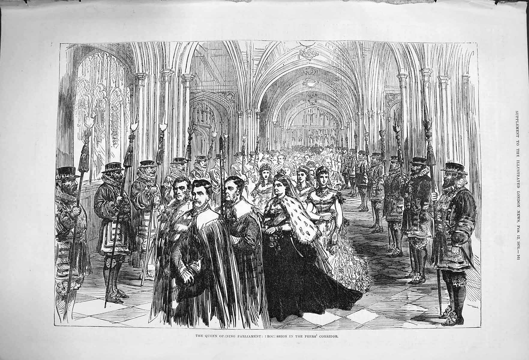 Original Old Antique Print 1876 Queen Parliament Procession Peers Corridor 19th