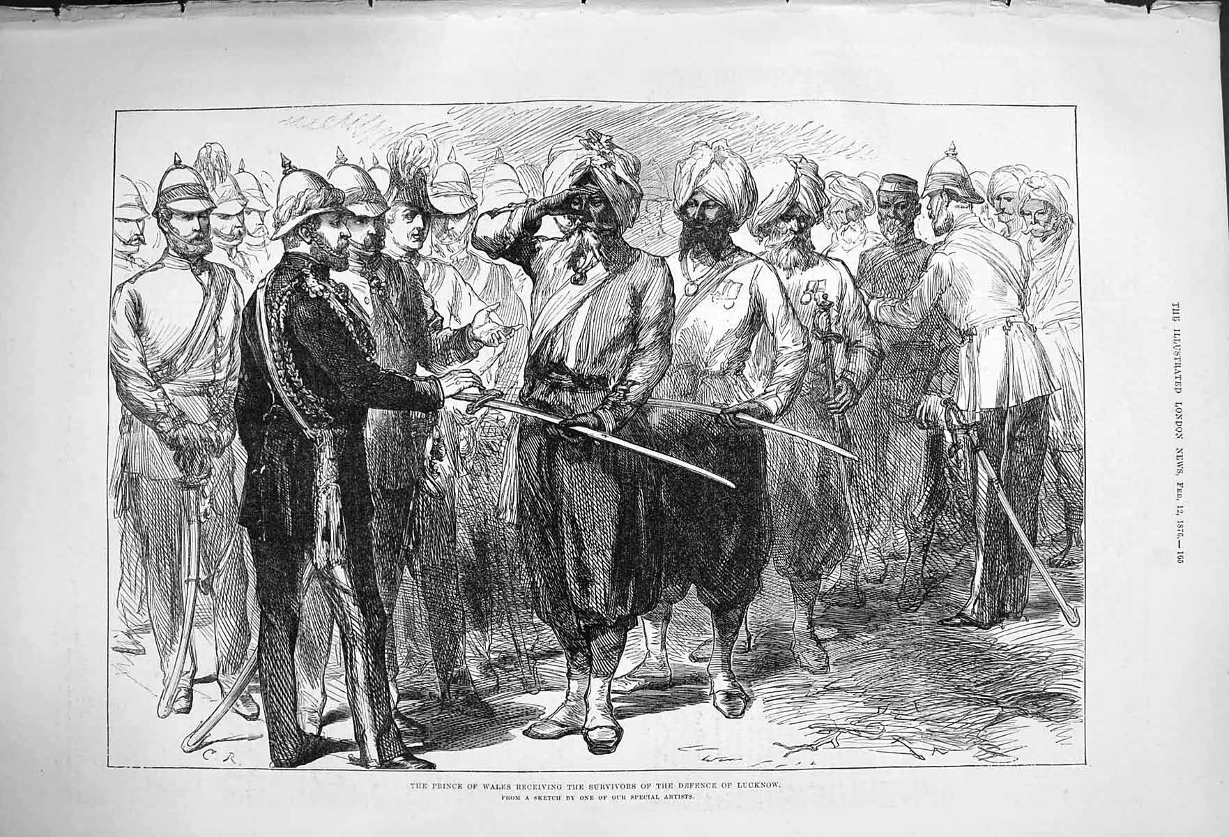 Original Old Antique Print 1876 Prince Wales Survivors Defence Lucknow Siers