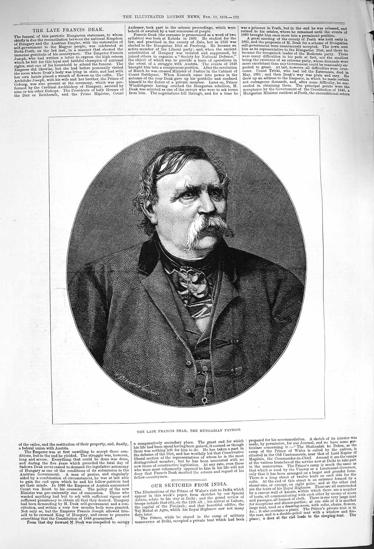 Original Old Antique Print 1876 Portrait Francis Deak Hungarian Patriot 19th