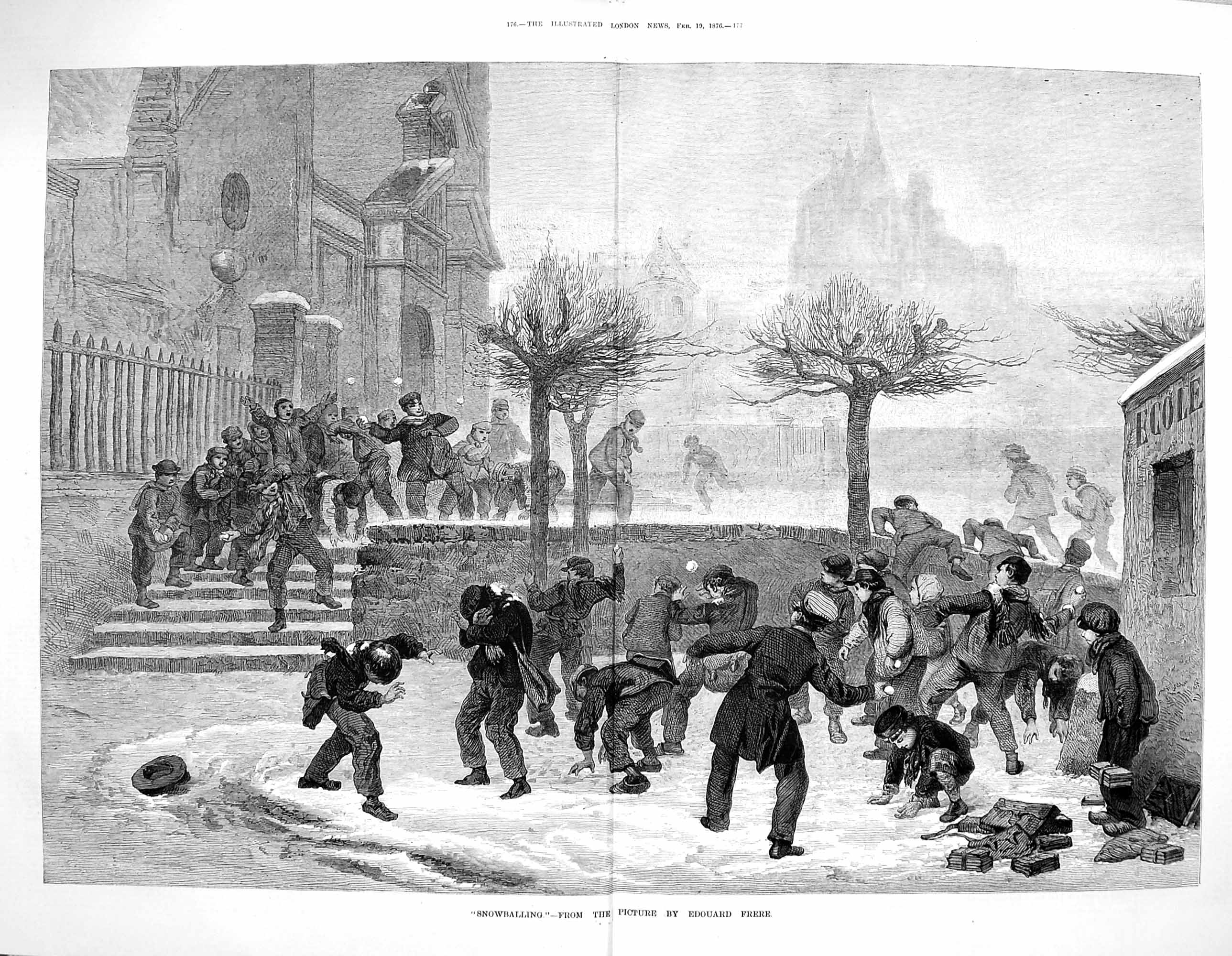 Old Antique Print 1876 School Boys Snowballing Fight Snow Frere Fine Art 19th