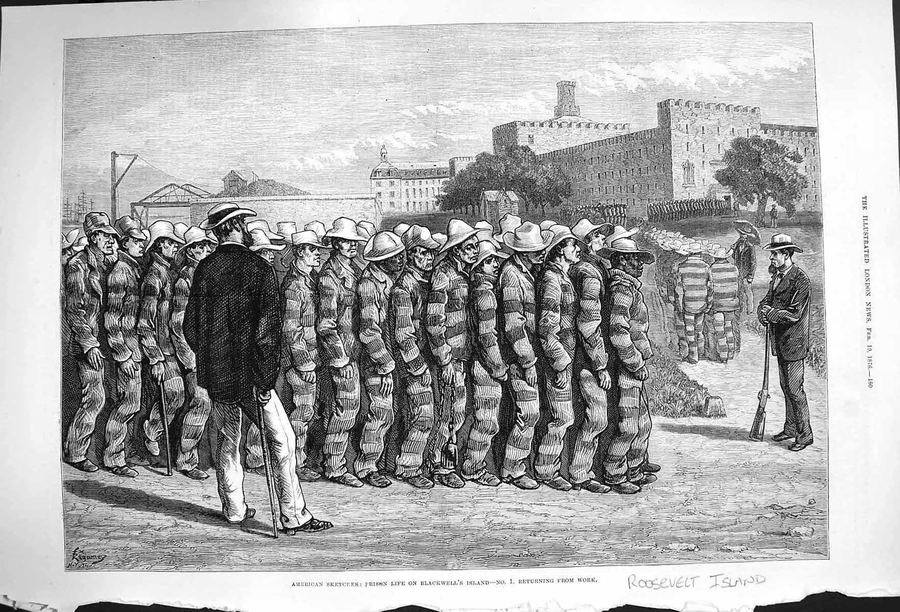 Original Old Antique Print 1876 Roosevelt Island Blackwells Island Prison Life