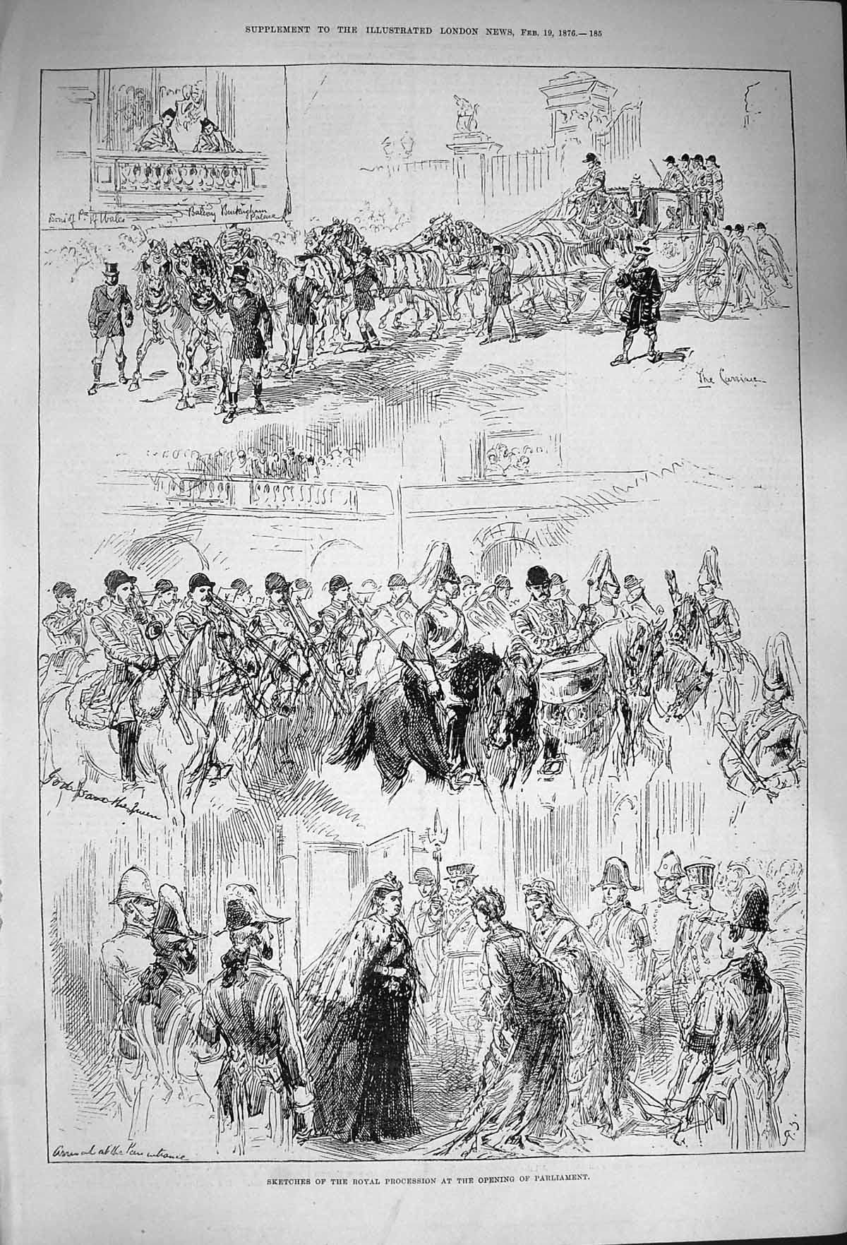 Original Old Antique Print 1876 Royal Procession Opening Parliament Music Band