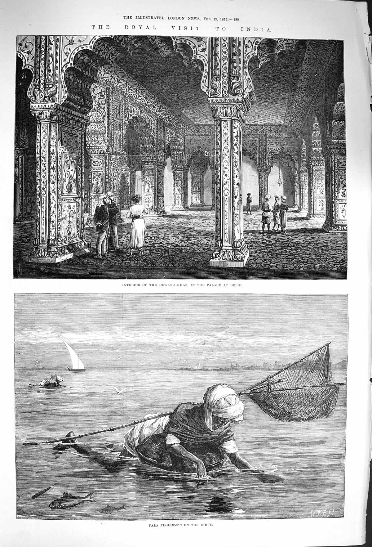 Original Old Antique Print 1876 India Dewan-I-Khas Palace Delhi Pala Fishermen