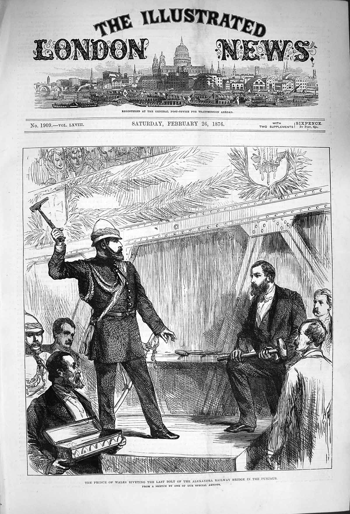 Old Antique Print 1876 Prince Wales Riveting Last Bolt Alexandra Bridge 19th