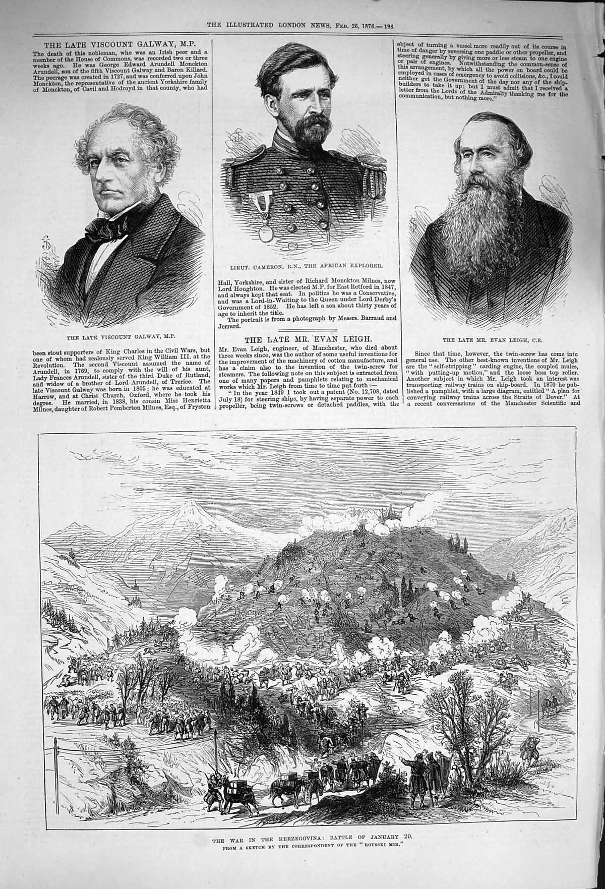 Old Antique Print 1876 War Herzegovina Battle Galway Cameron Africa Leigh 19th