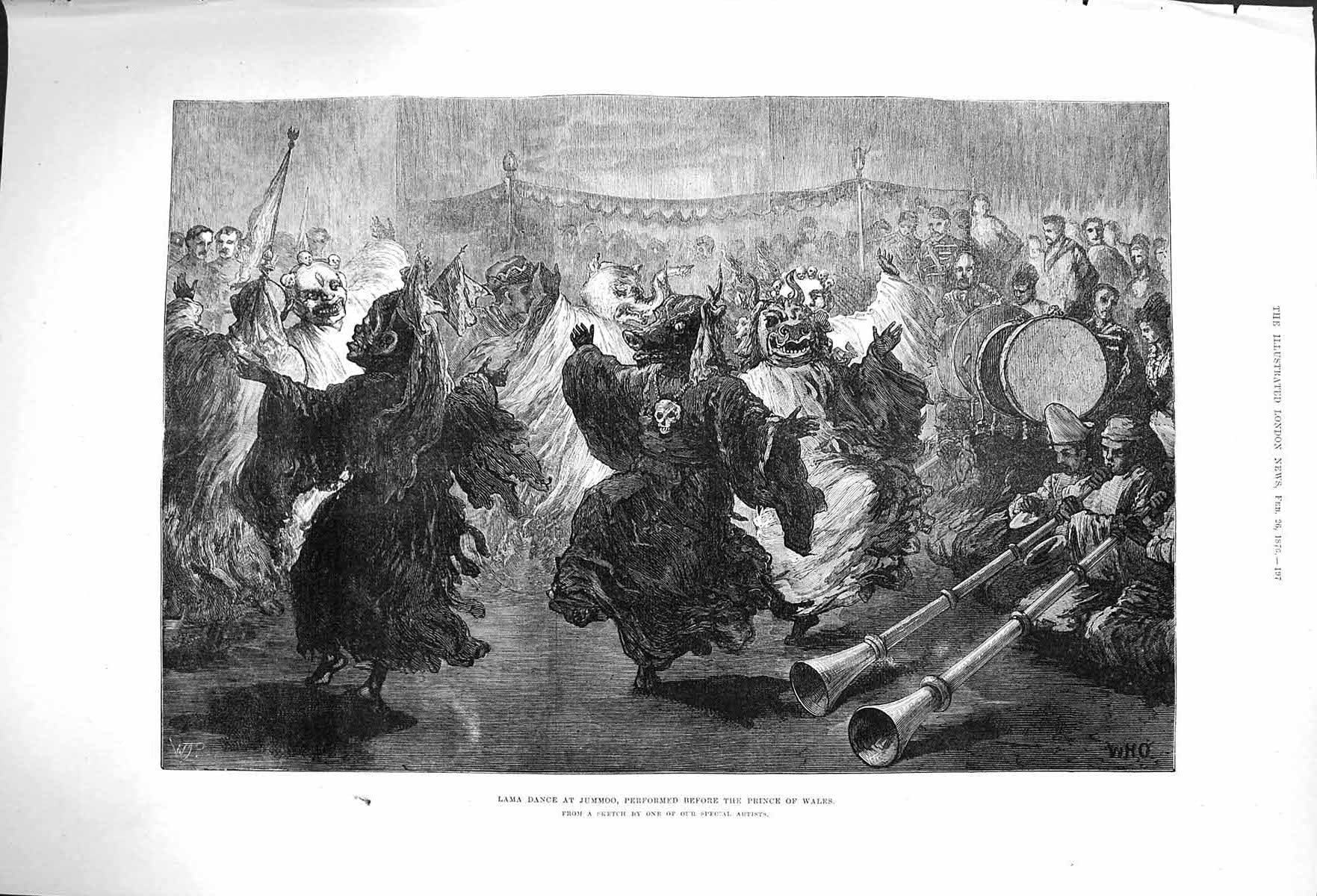 Old Antique Print 1876 Lama Dance Jummoo Performed Prince Wales Costumes 19th