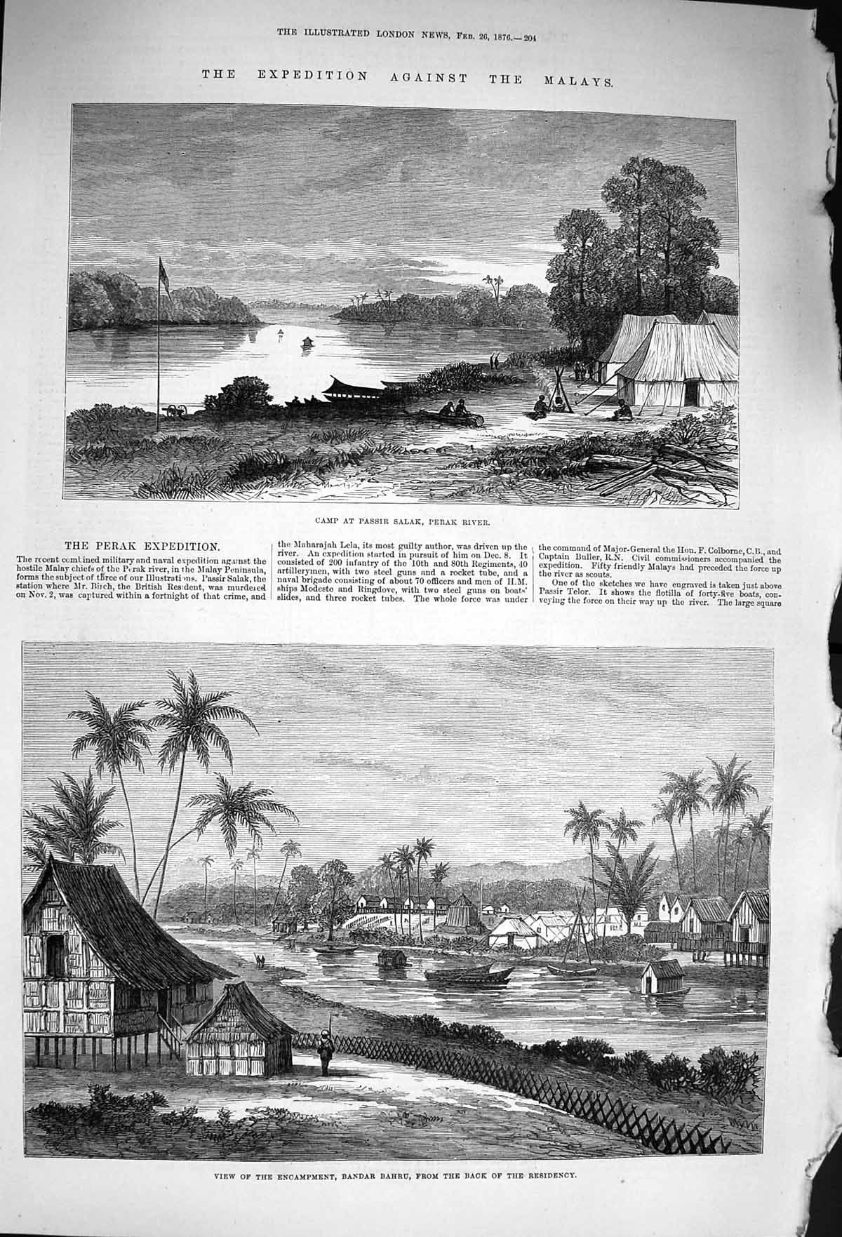Original Old Antique Print 1876 Malay Camp Passir Salak Perak Bandar Bahru 19th