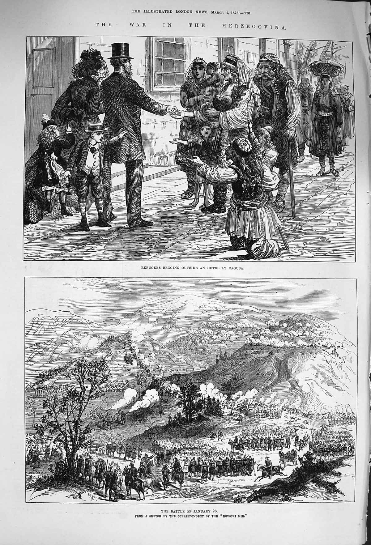 Old Antique Print 1876 War Herzegovina Battle January 26 Refugees Ragusa 19th