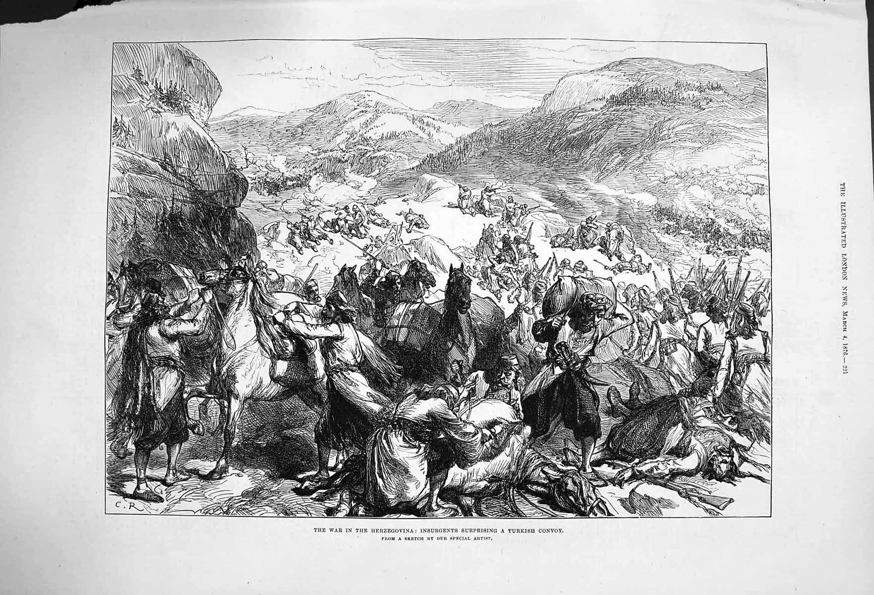 Original Old Antique Print 1876 War Herzegovina Insurgents Turkish Convoy 19th