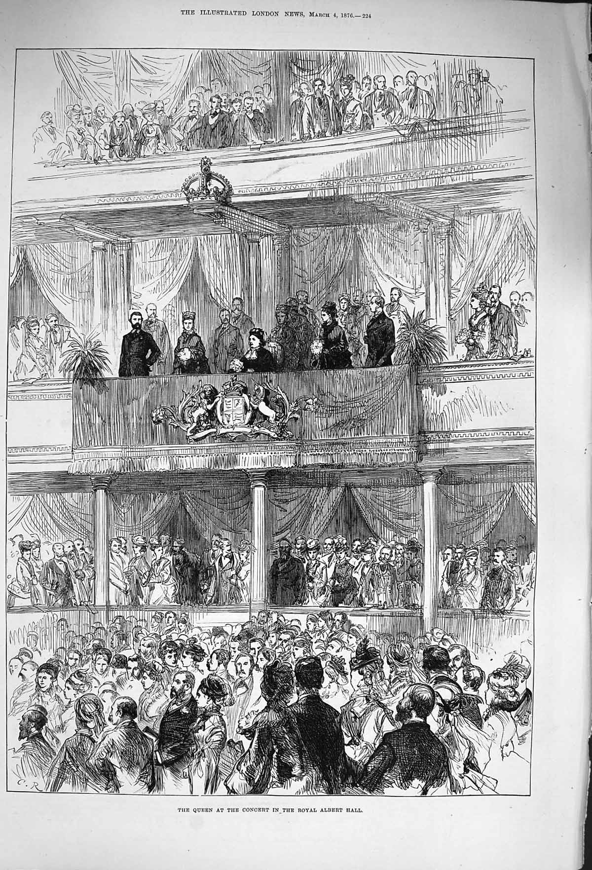 Original Old Antique Print 1876 Queen Concert Royal Albert Hall 19th