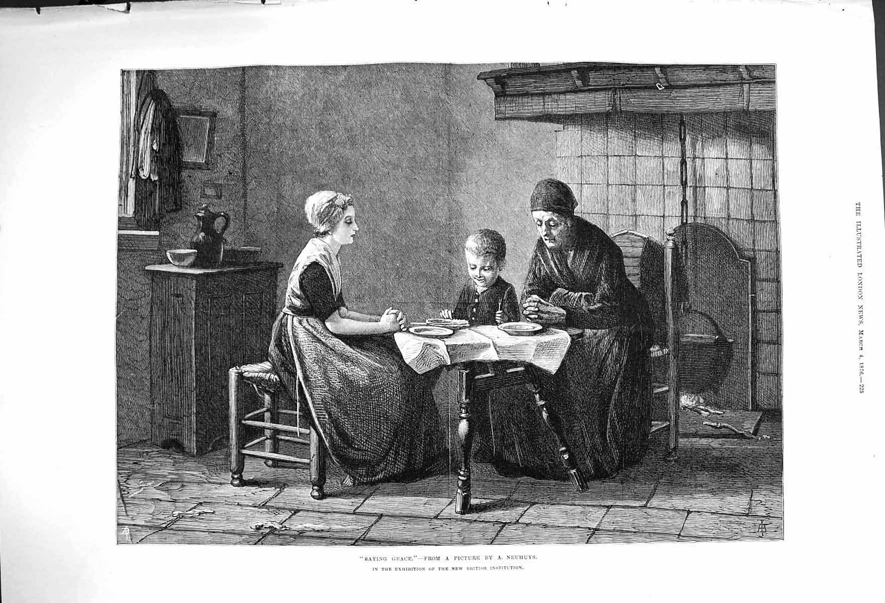 Original Old Antique Print 1876 Family Home Saying Grace Dinner Table Neuhuys