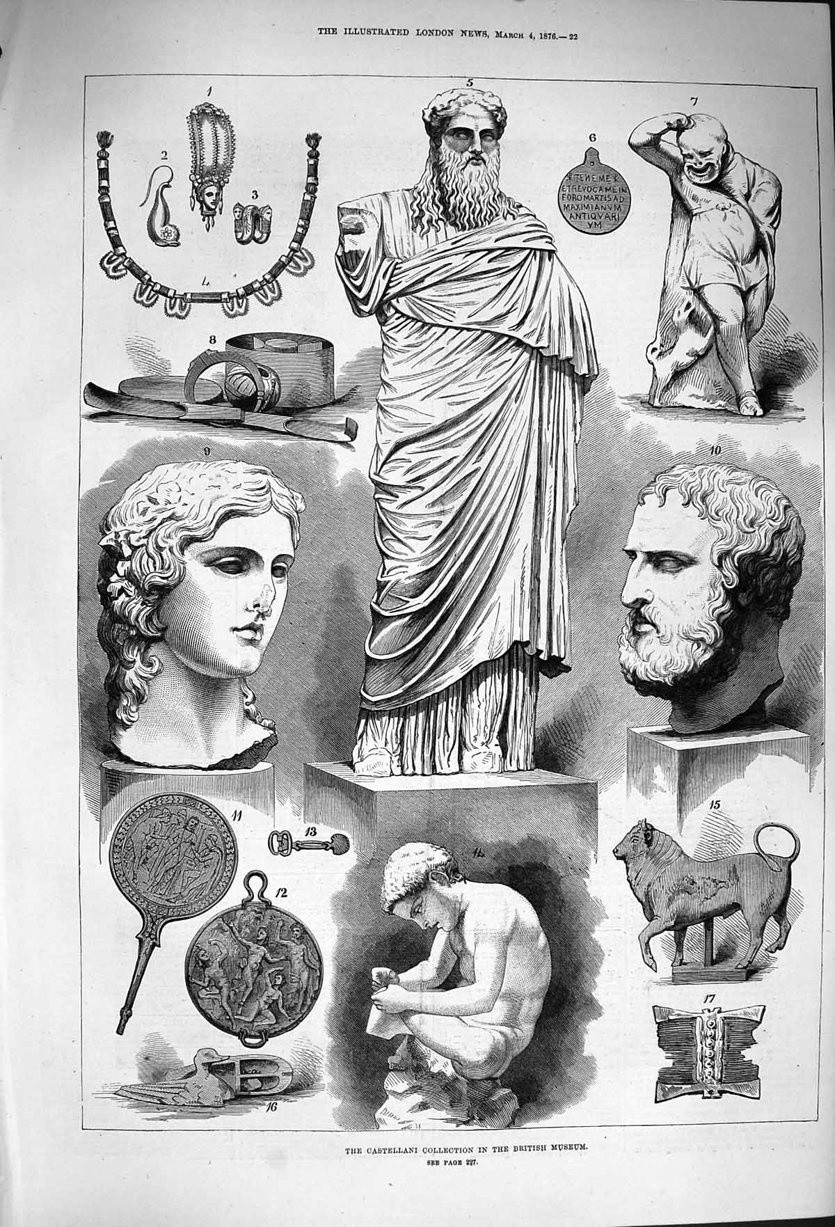 Original Old Antique Print 1876 Castellani Collection British Museum Sculpture