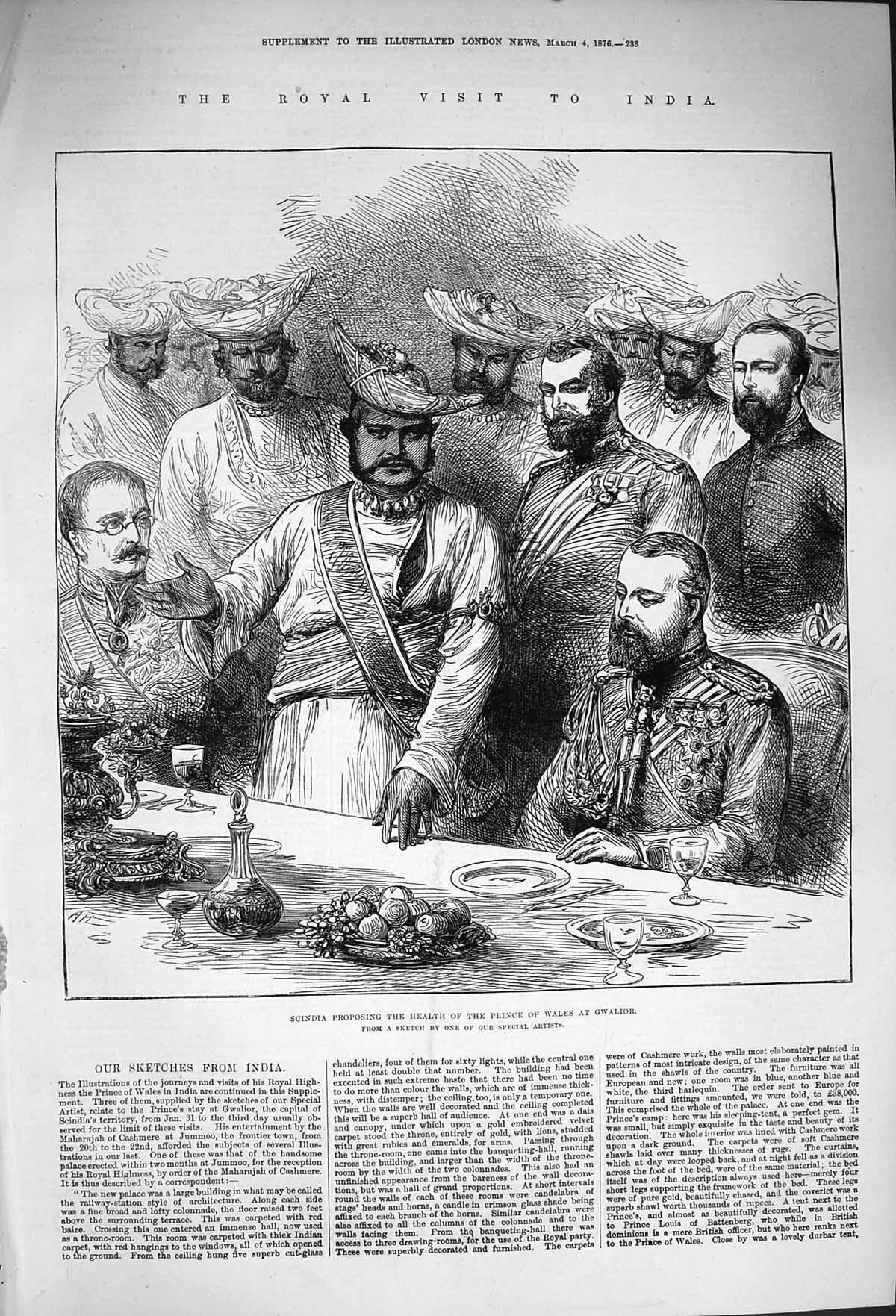 Original Old Antique Print 1876 Prince Wales India Gwalior Phul-Bagh Lushkur