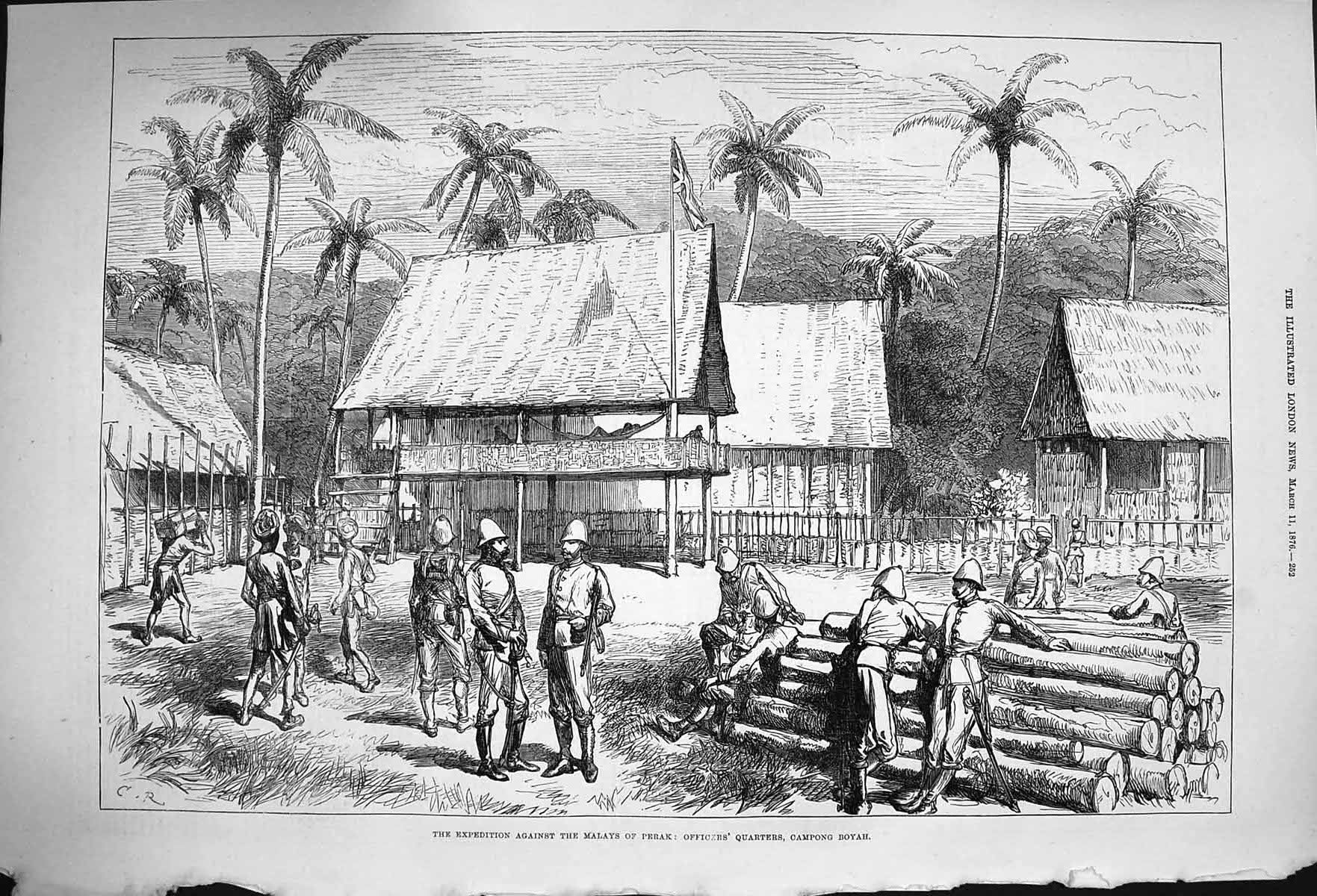 Original Old Antique Print 1876 Expedition Malays Perak Officers Campon 19th