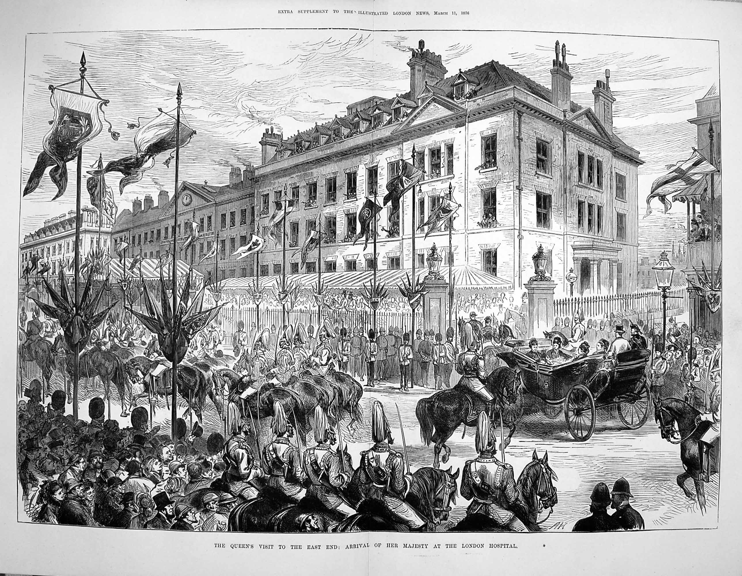Original Old Antique Print 1876 Queen East End London Hospital Whit Victorian