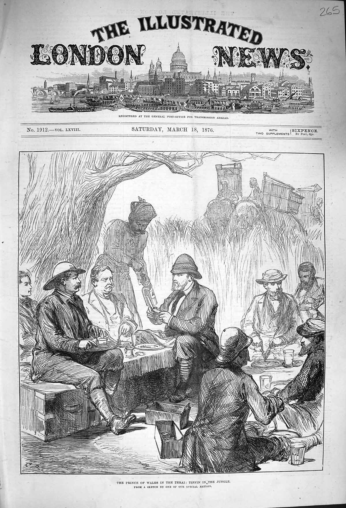 Original Old Antique Print 1876 Prince Wales Terai Tiffin Jungle Elephants 19th