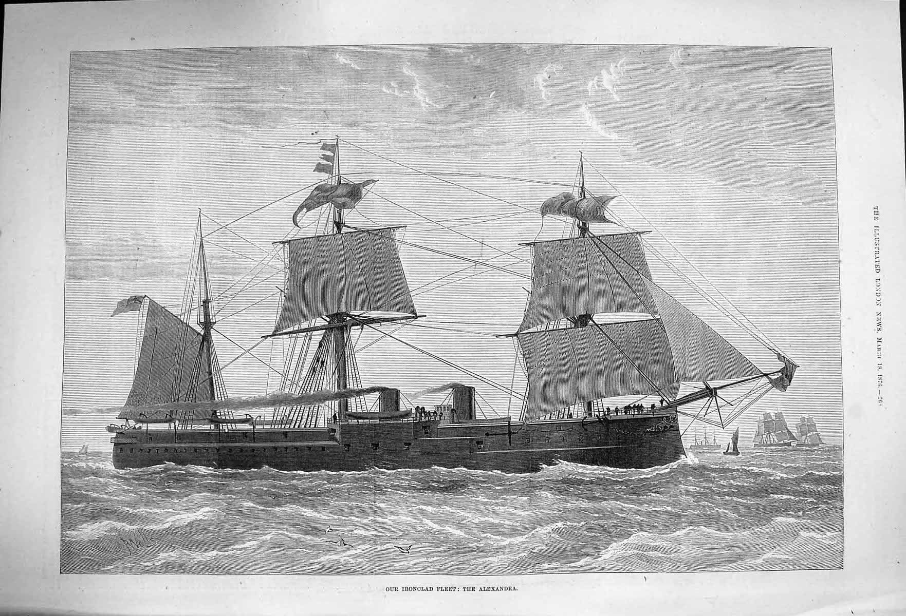 Original Old Antique Print 1876 Ironclad Fleet War Ships Alexandra Victorian