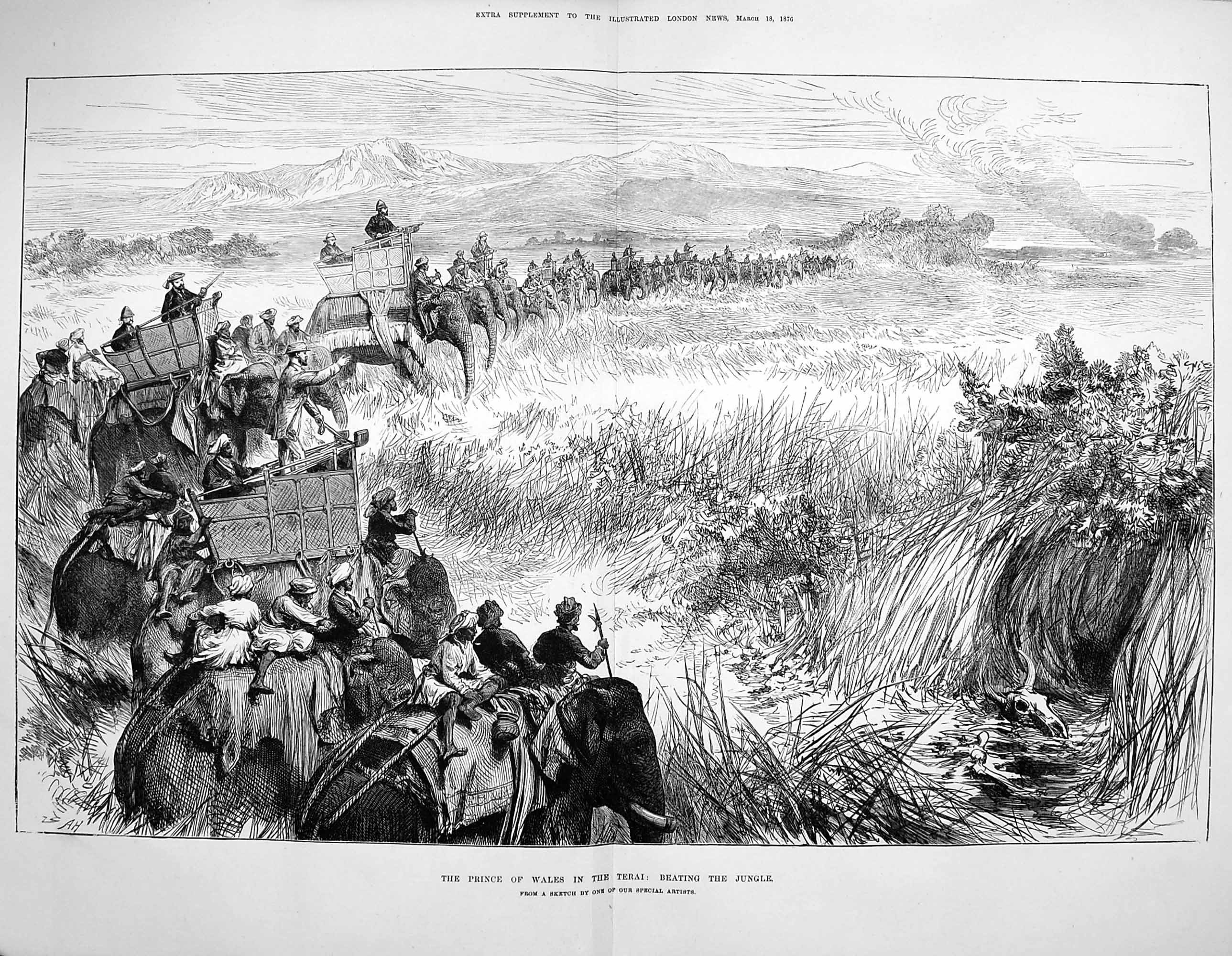 Old Antique Print 1876 Prince Wales Terai Beating Jungle Elephants India 19th