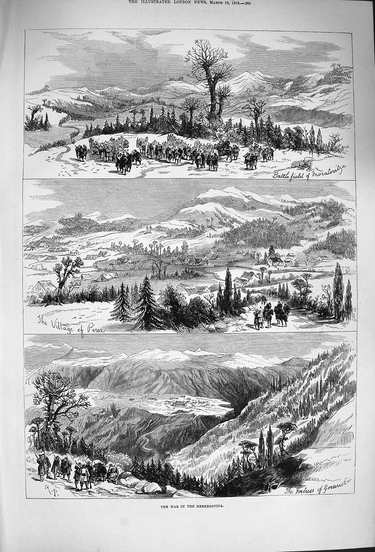 Old Antique Print 1876 War Herzegovina Pirea Fortress Battlefield Hills 19th