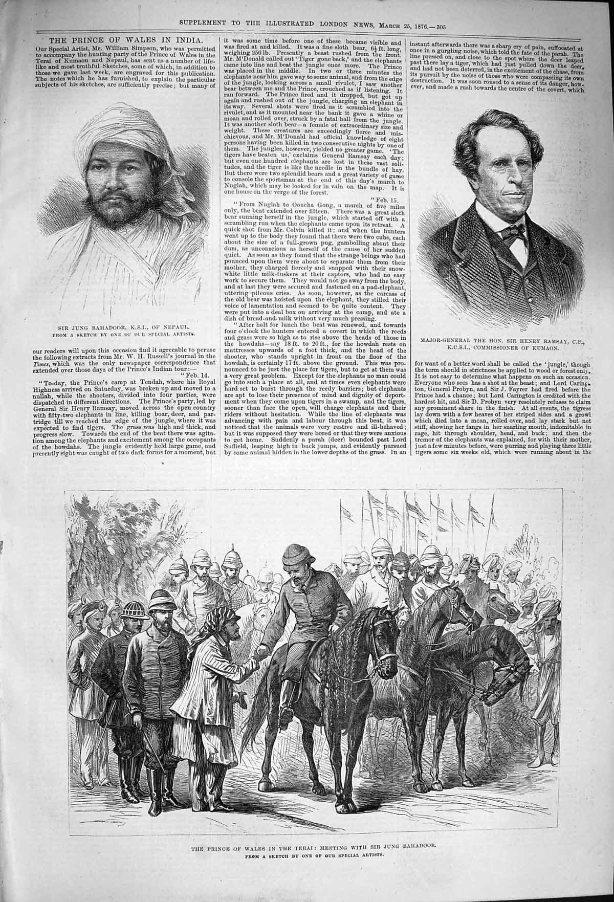 Original Old Antique Print 1876 Jung Bahadoor Ramsay Prince Wales Terai Siers