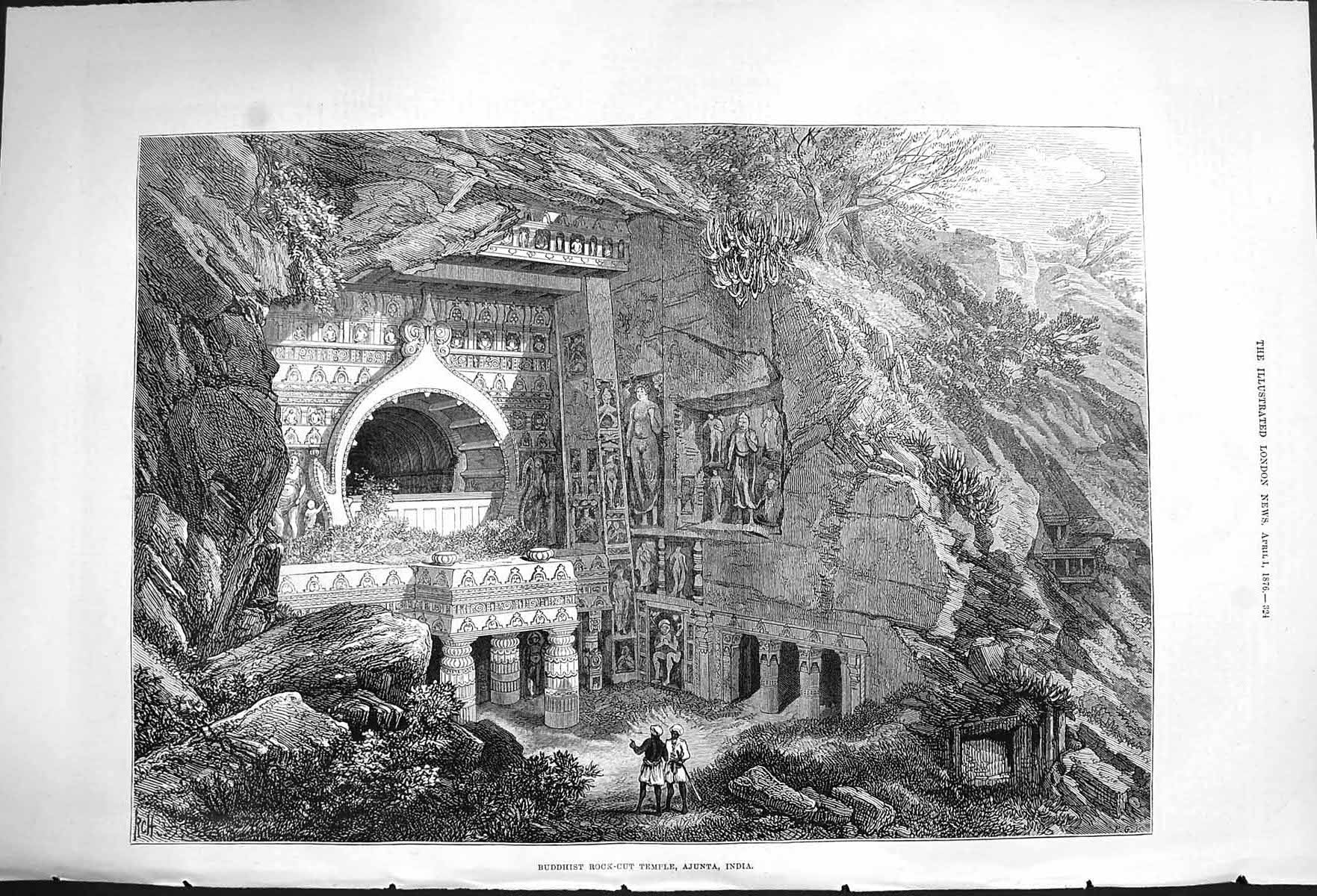 Original Old Antique Print 1876 Buddhist Rock-Cut Temple Ajunt 19th