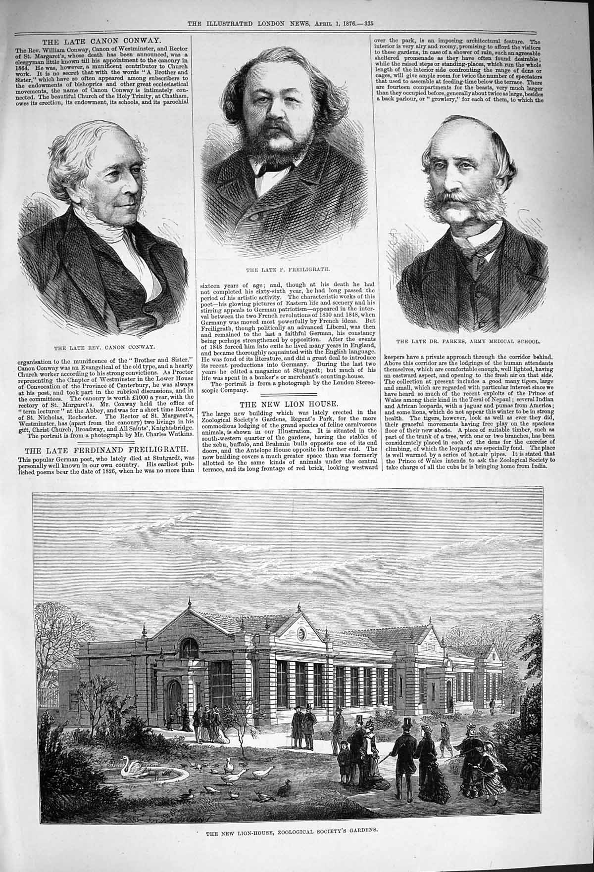 Original Old Antique Print 1876 Lion House Zoological Conway Freiligrath Parkes