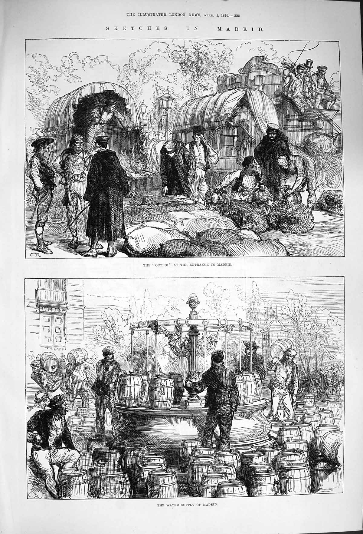Original Old Antique Print 1876 Madrid Spain Octroi Water Supple Barrells 19th