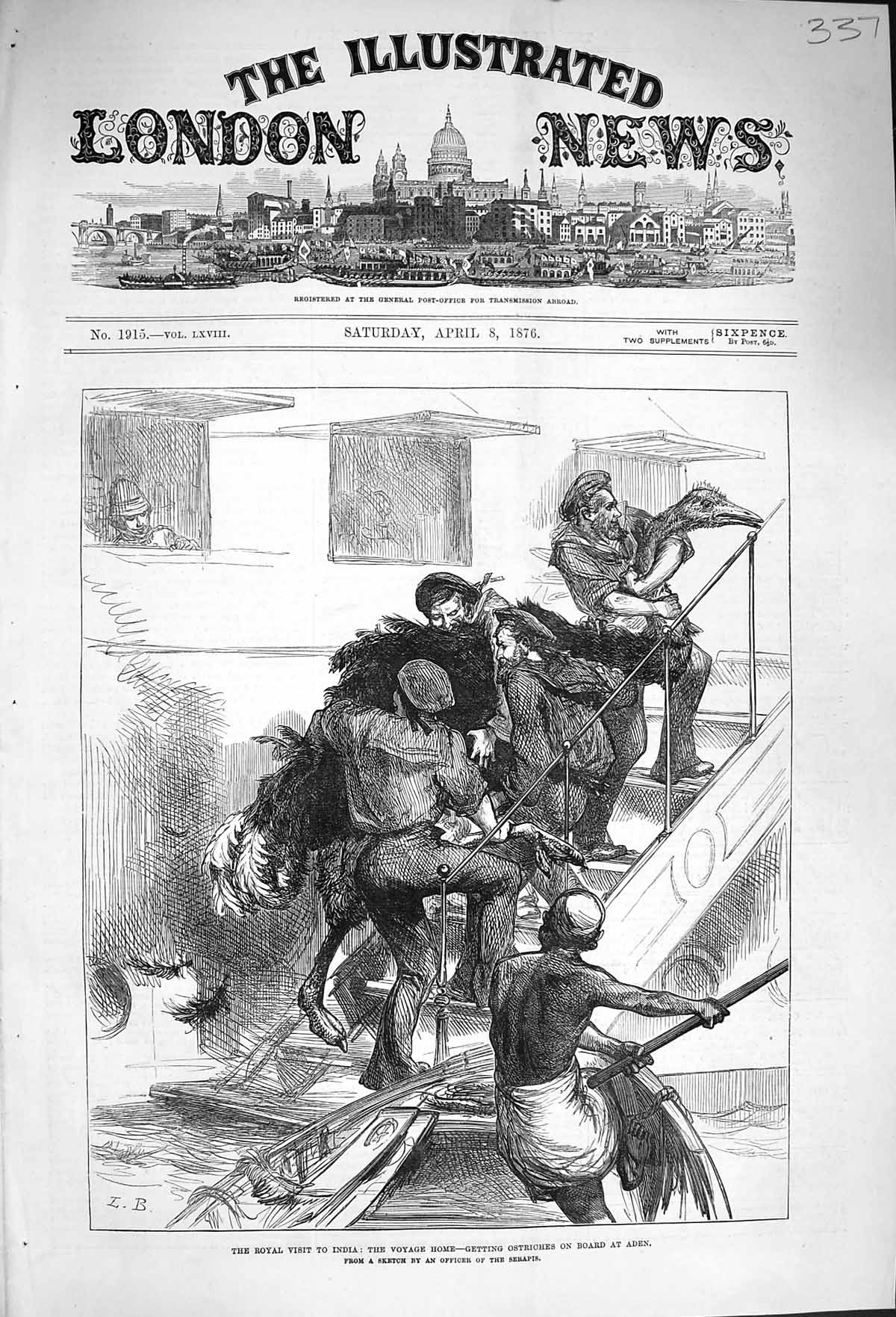 Original Old Antique Print 1876 Prince Wales India Ostrich Ship Serapis Tiger