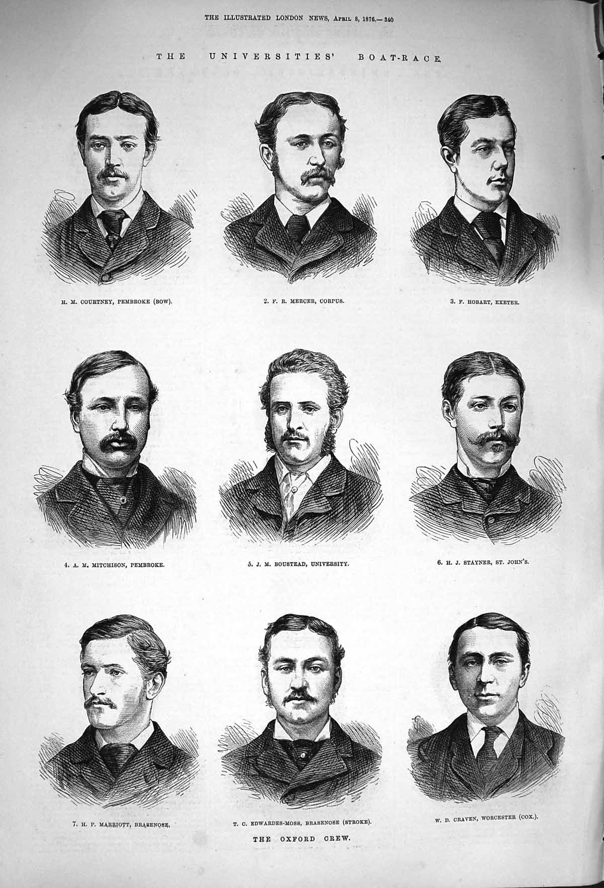 Original Old Antique Print 1876 Oxford Cambridge Boat Race Crew Brasenose Jesus