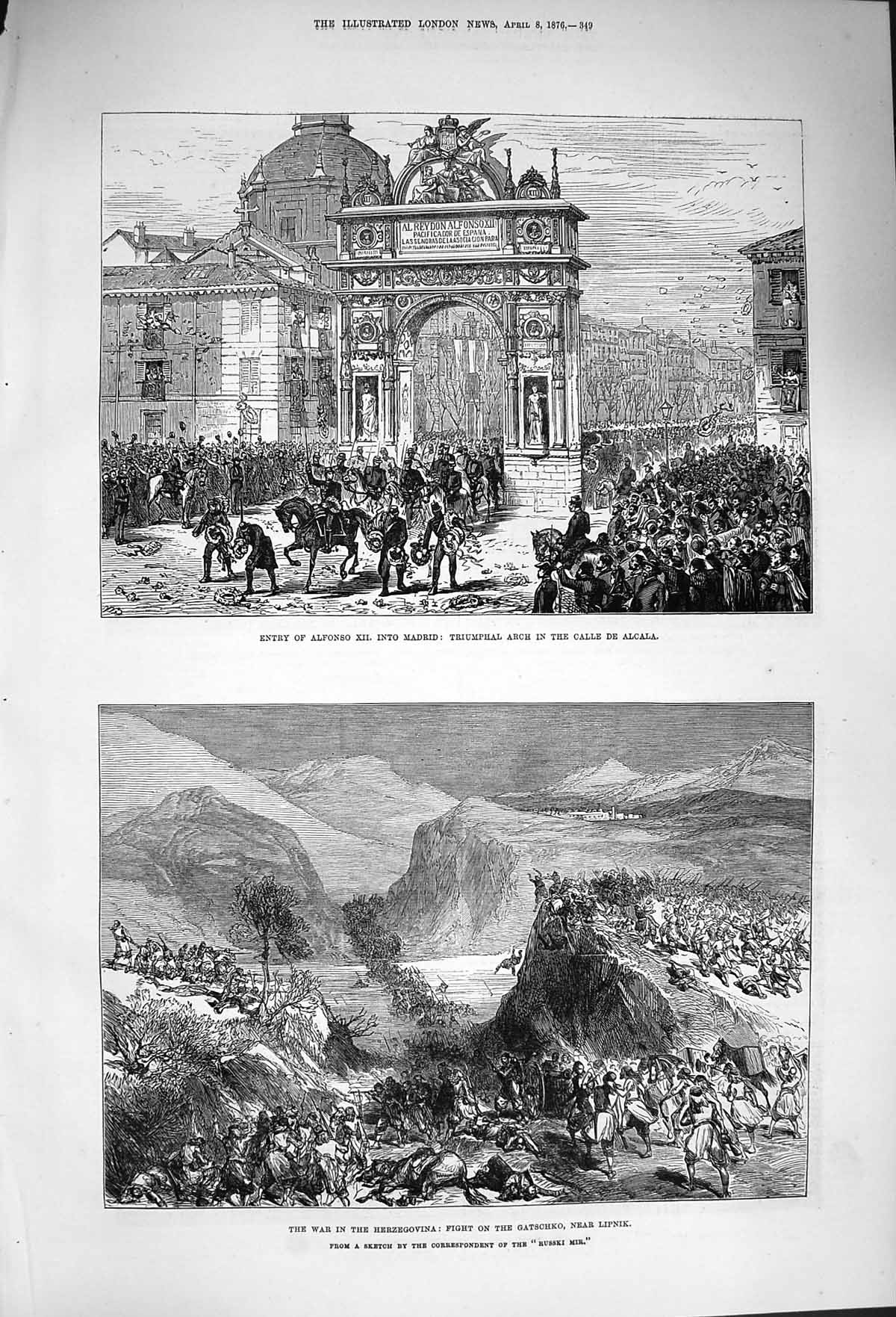 Original Old Antique Print 1876 Alfonso Madrid Calle Alcala Herzegovina Lipnik