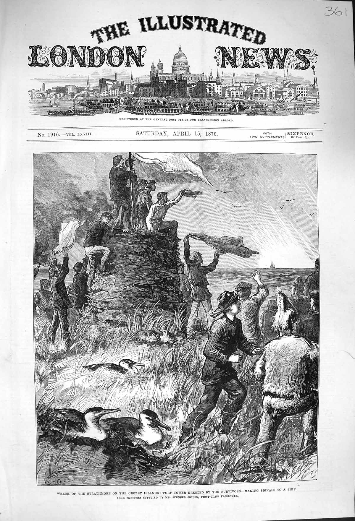Original Old Antique Print 1876 Ship Wreck Strathmore Crozet Turf Tower 19th