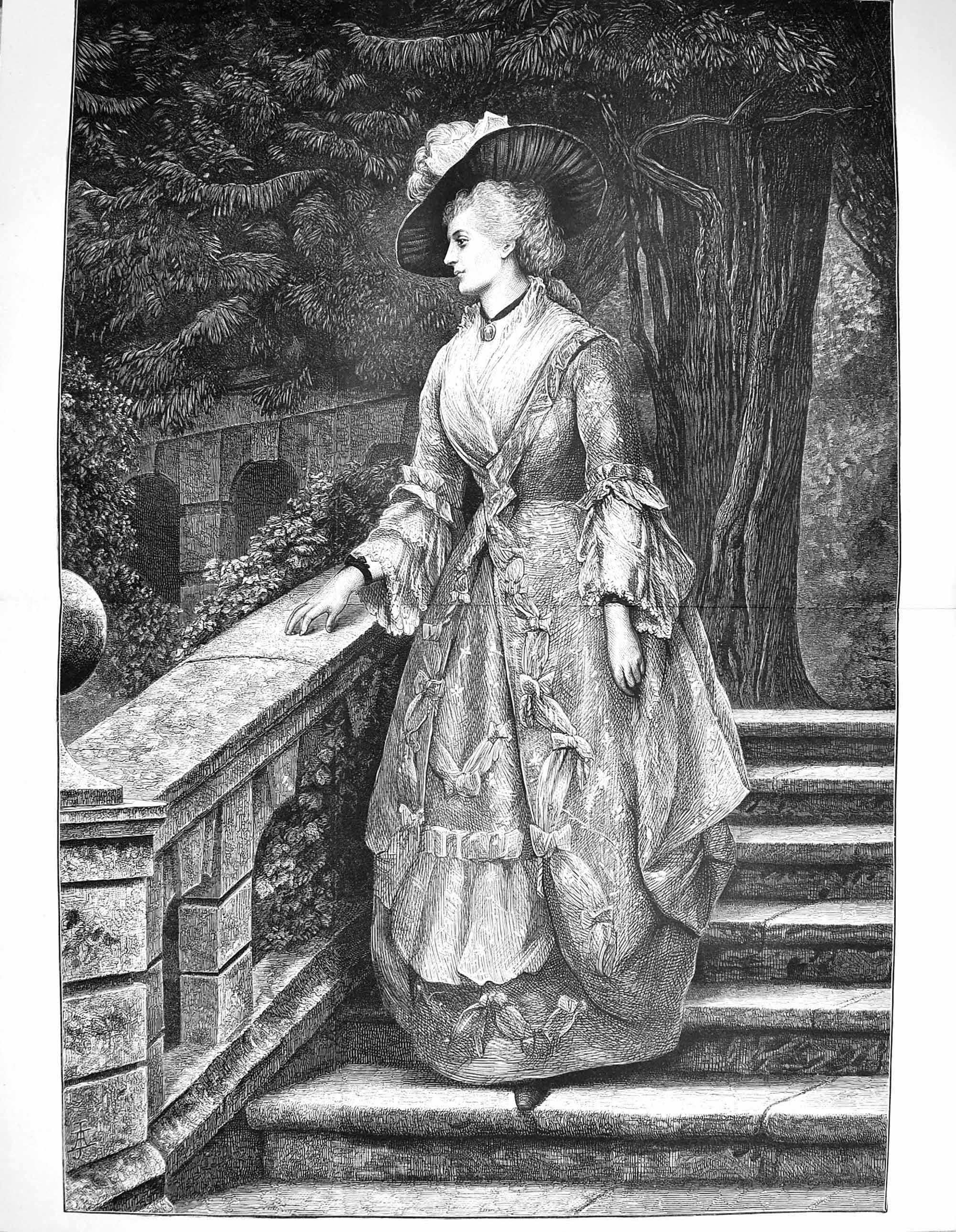 Original Old Antique Print 1876 Fine Art Portrait Beautiful Lady Garden Steps