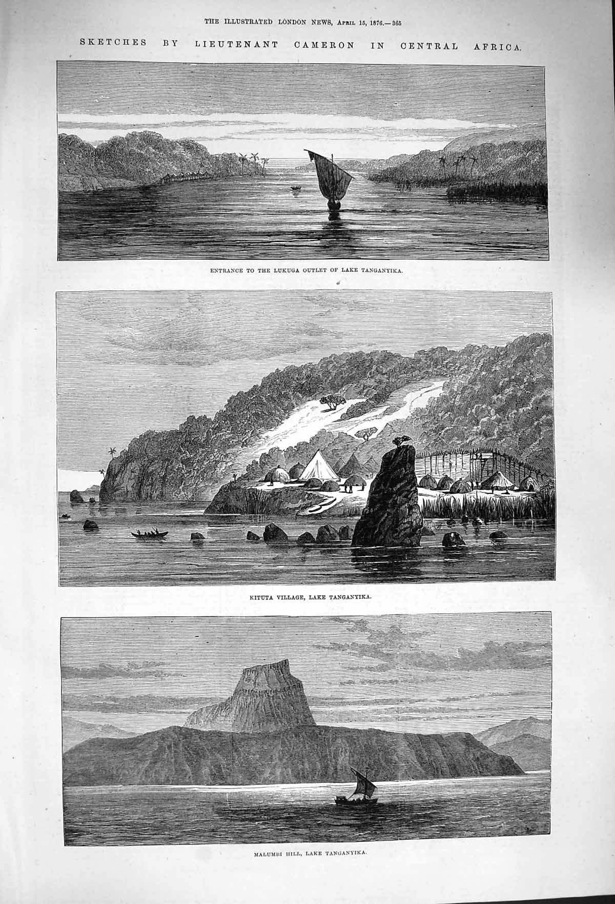 Old Antique Print 1876 Cameron Africa Lukuga Lake Tanganyika Malumbi Hill 19th