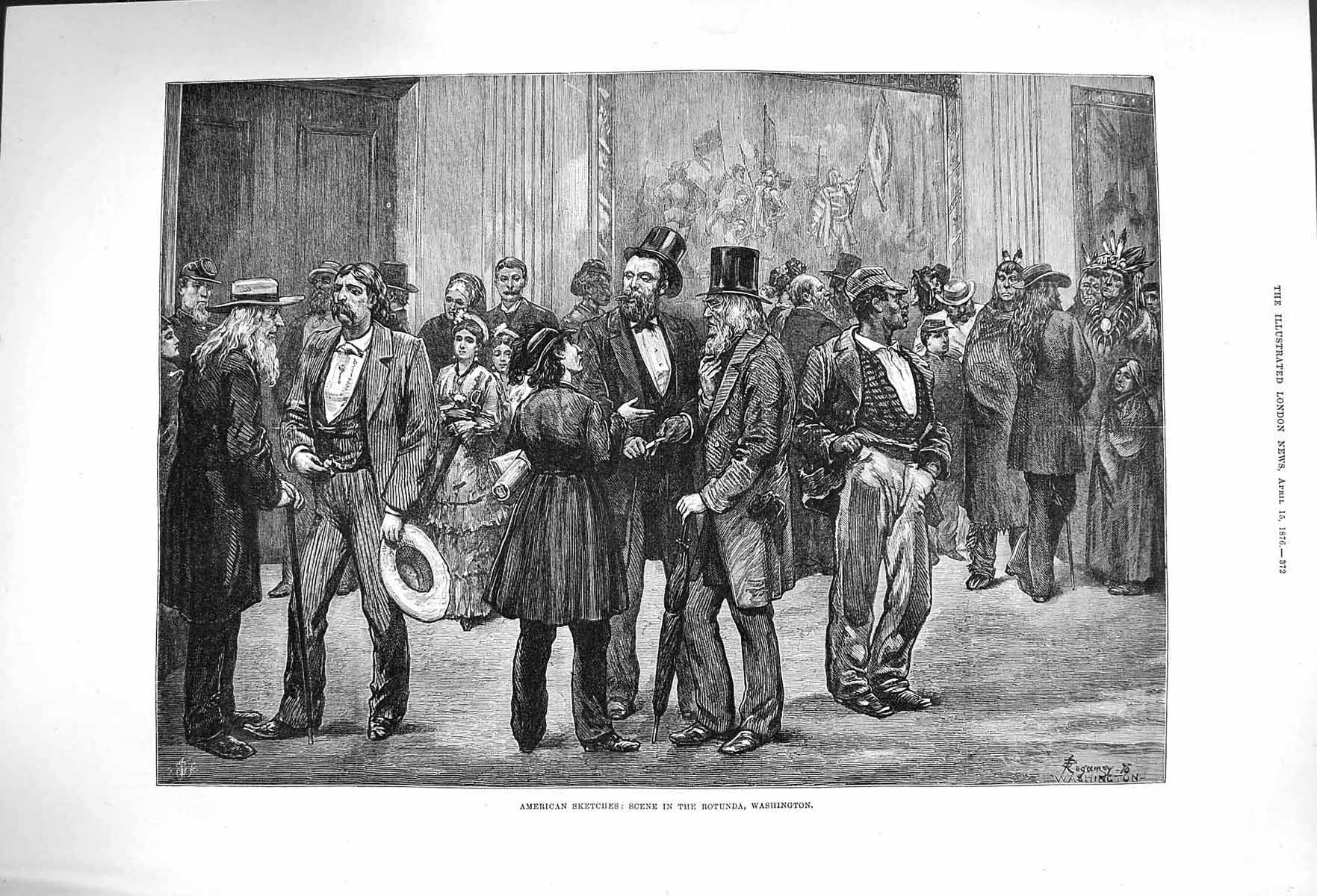 Original Old Antique Print 1876 America Scene Rotunda Washington Fine Art 19th
